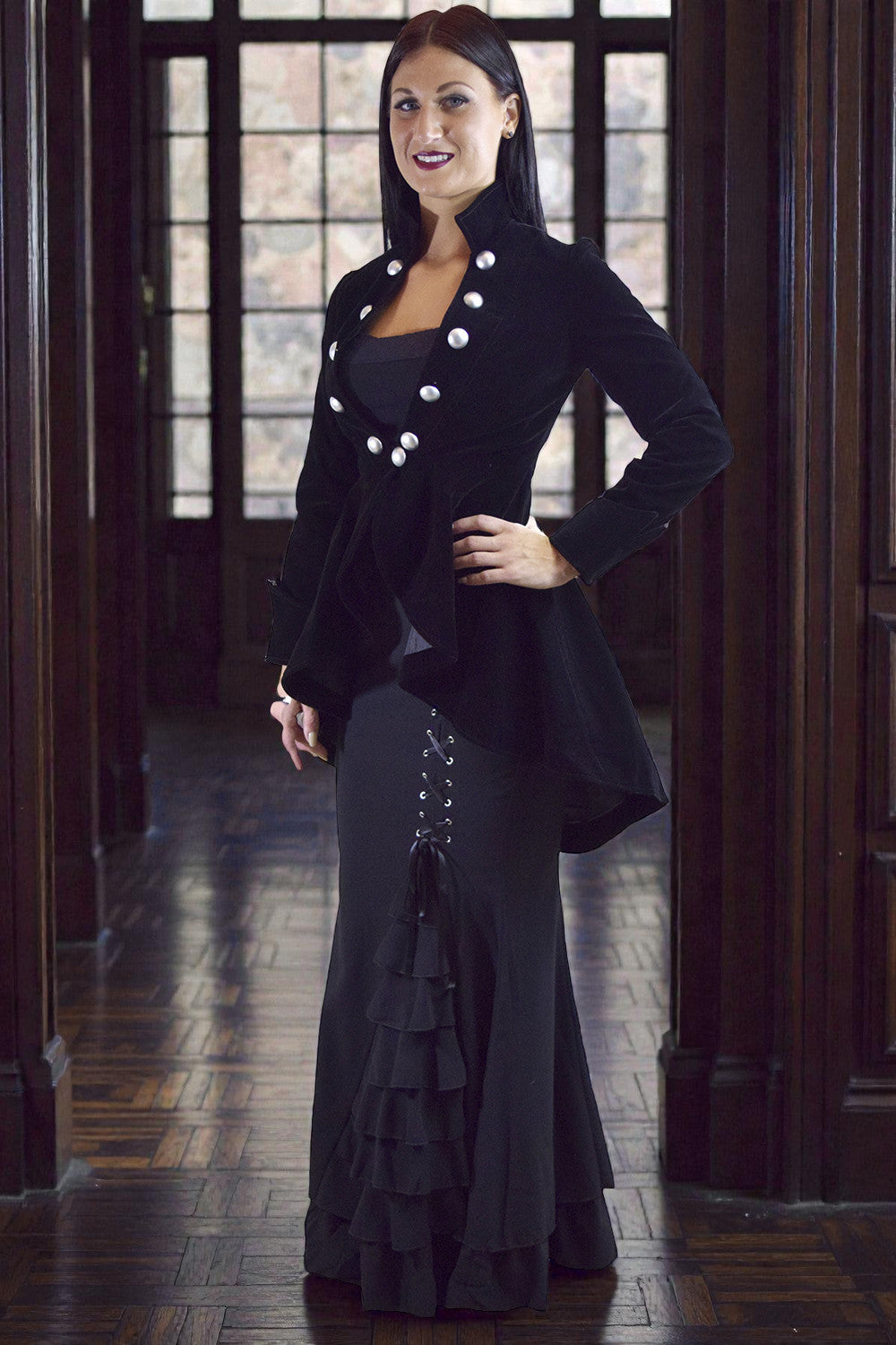 Gothic Velvet Military Jacket – Renaissance Romantic Asymmetrical Coat - Skelapparel