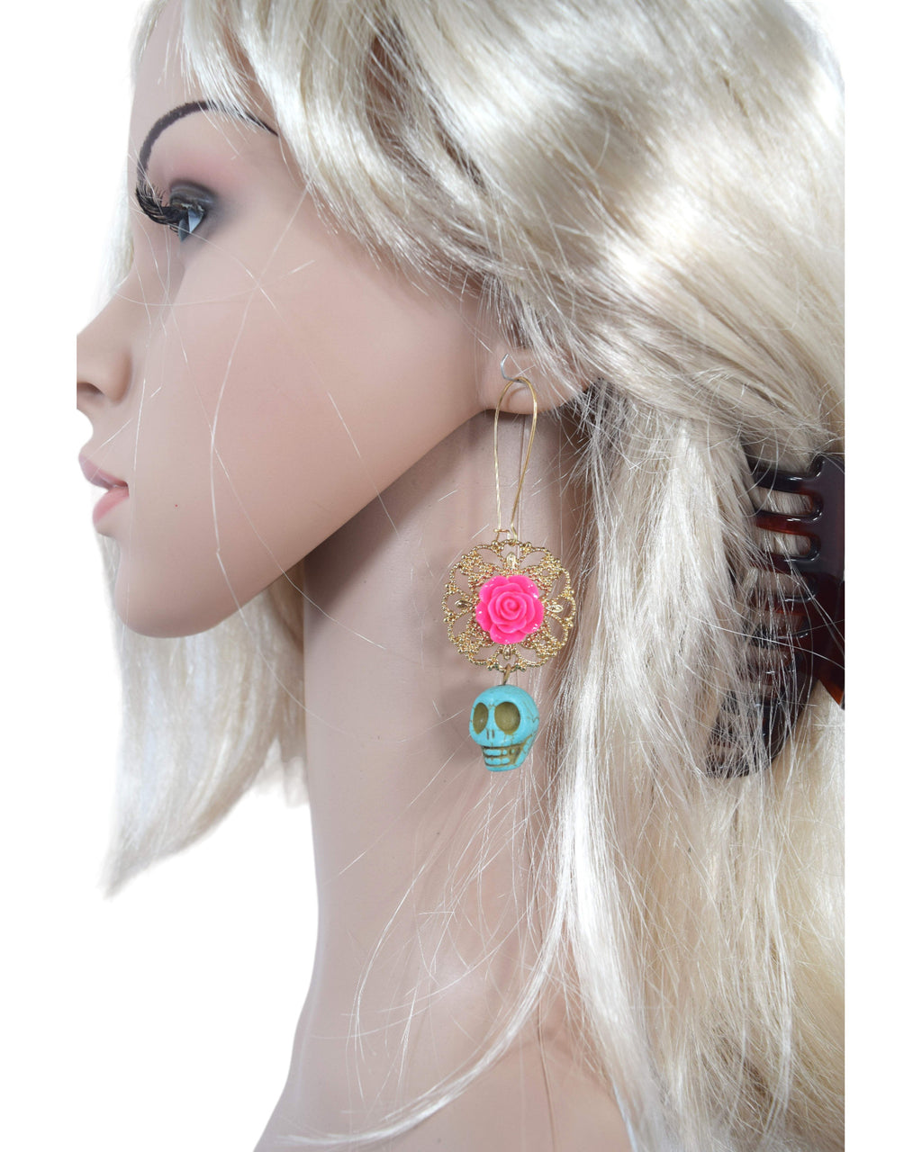 Day Of The Dead Pink Rose and Skull Turquoise Earrings - Skelapparel