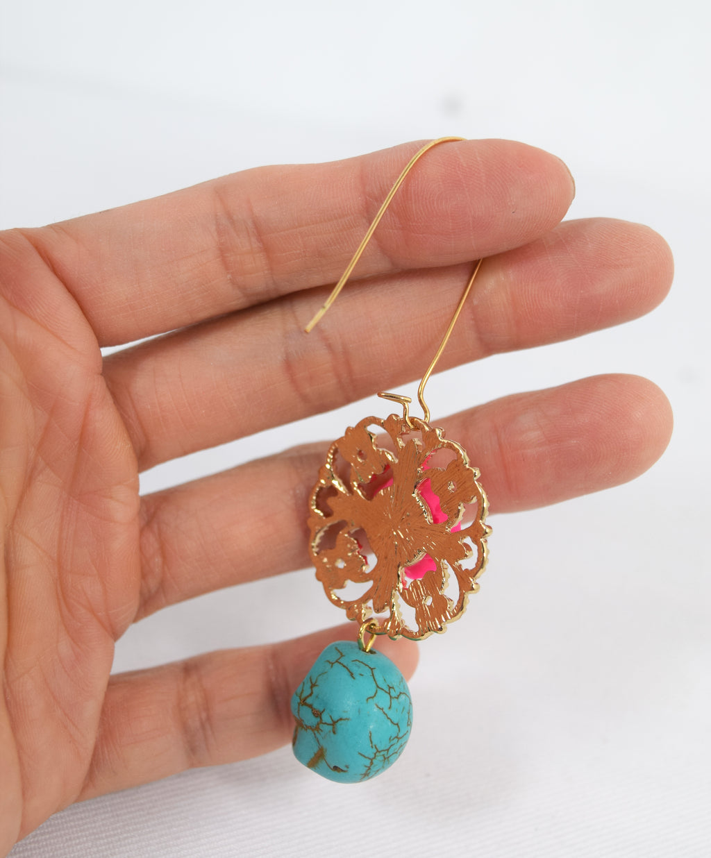 Day Of The Dead Pink Rose and Skull Turquoise Earrings - Skelapparel