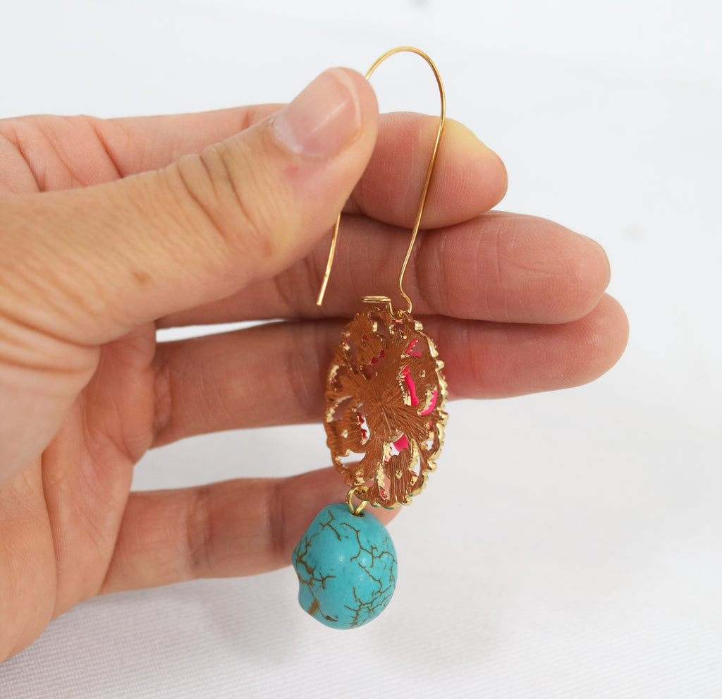 Day Of The Dead Pink Rose and Skull Turquoise Earrings - Skelapparel