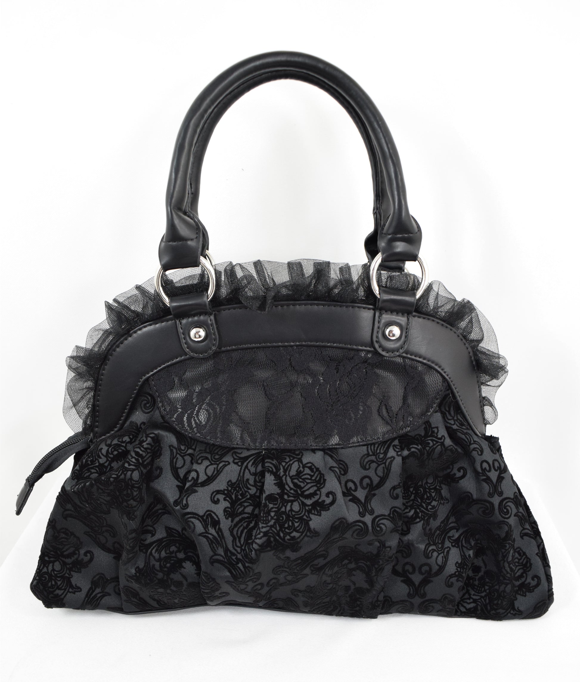 Dark Doll Gothic Lolita Flocked Skulls with Bows and Lace Bag Purse