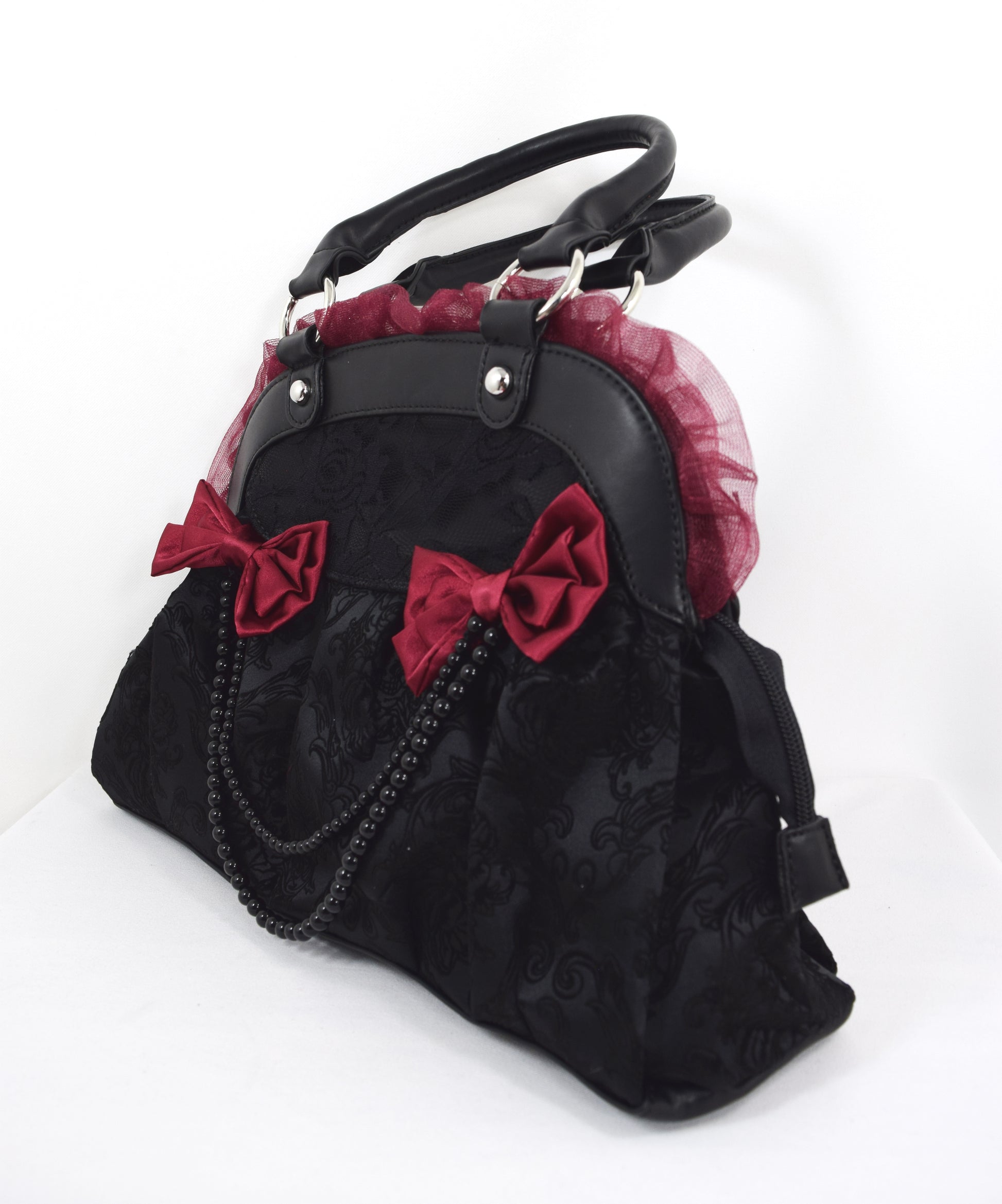 Dark Doll Gothic Lolita Flocked Skulls with Bows and Lace Bag Purse