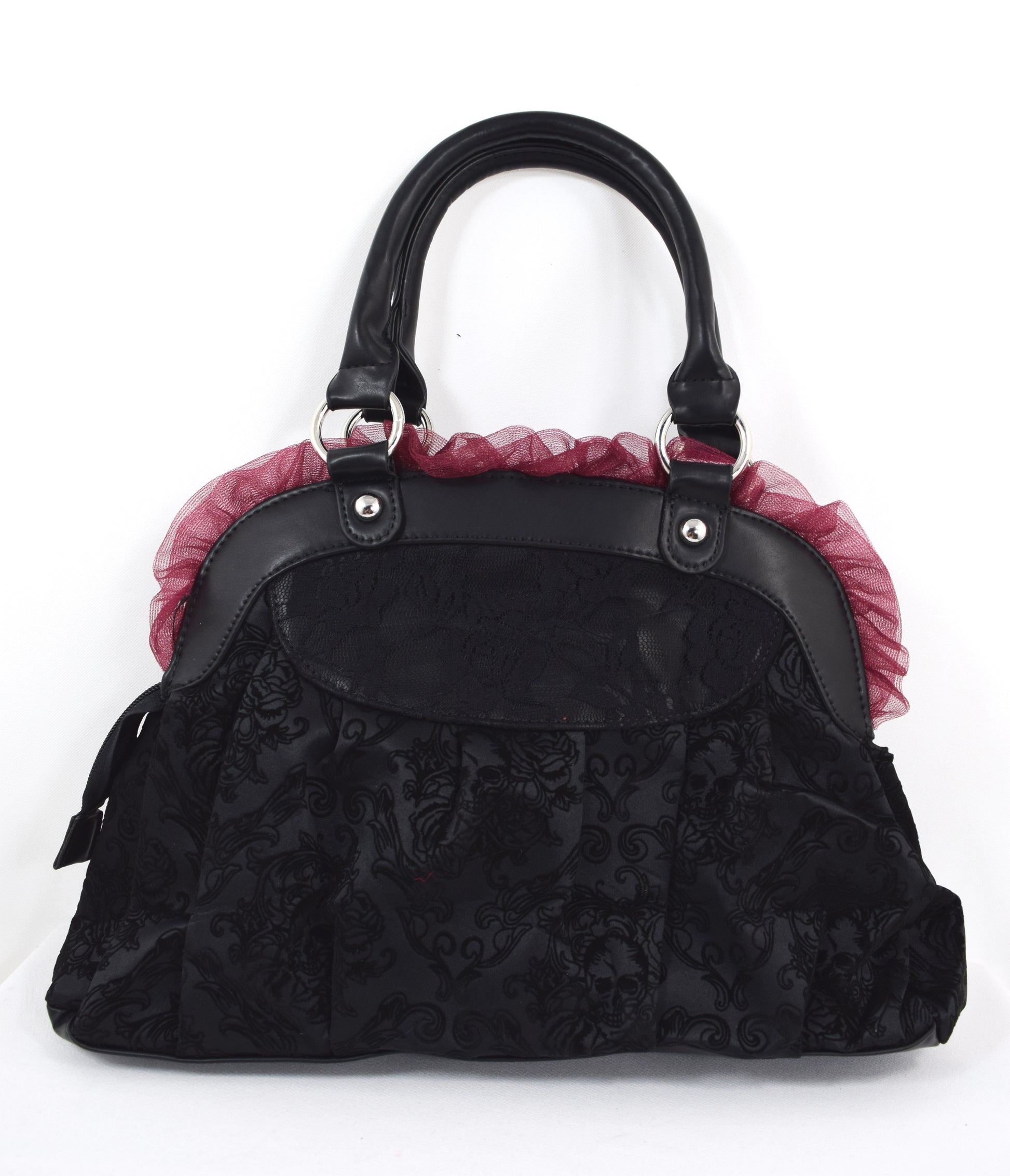 Dark Doll Gothic Lolita Flocked Skulls with Bows and Lace Bag Purse