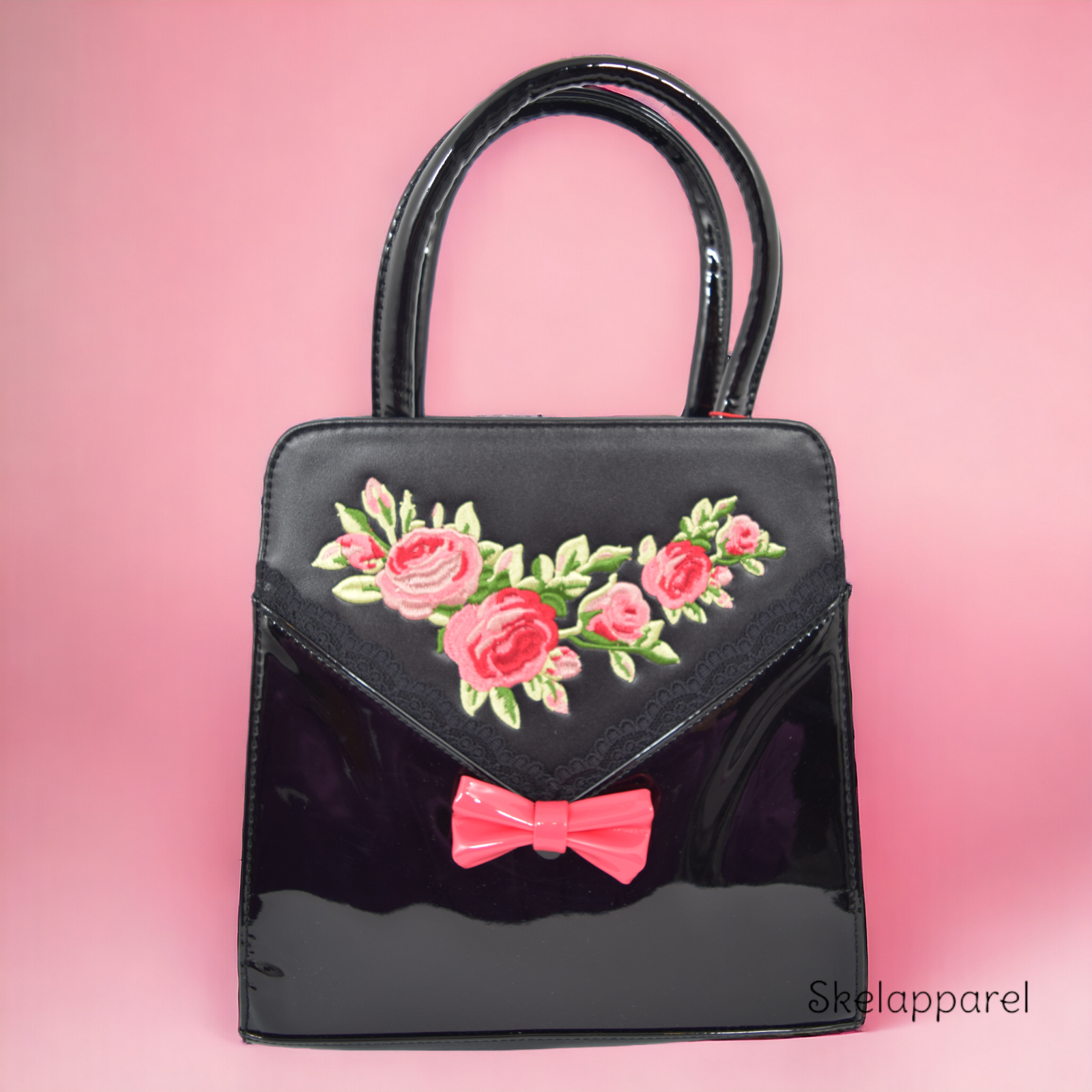 Dancing Days Retro Vintage English Rose Handbag with Bow - Black