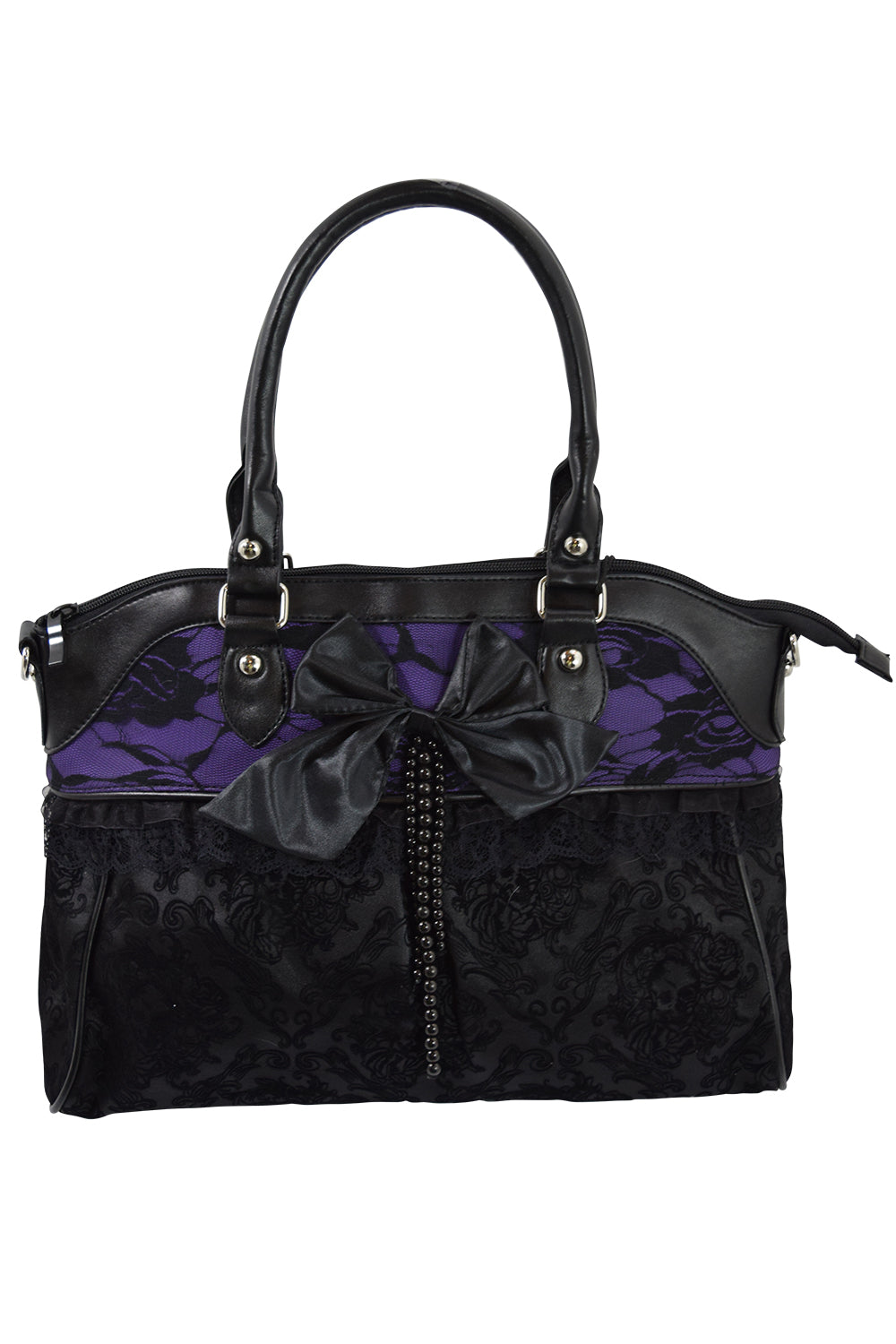 Victorian Gothic Dark Princess Velvet Skull Flocked with Bow Handbag, Black, Medium