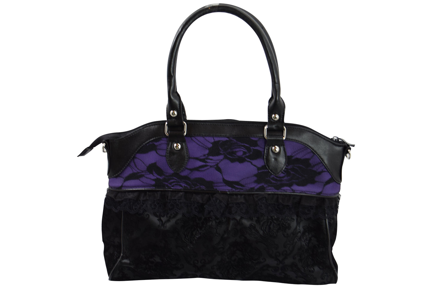 Victorian Gothic Dark Princess Velvet Skull Flocked with Bow Handbag, Black, Medium