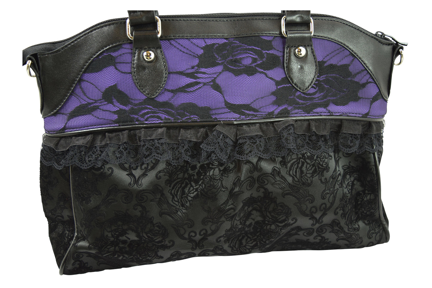 Victorian Gothic Dark Princess Velvet Skull Flocked with Bow Handbag, Black, Medium
