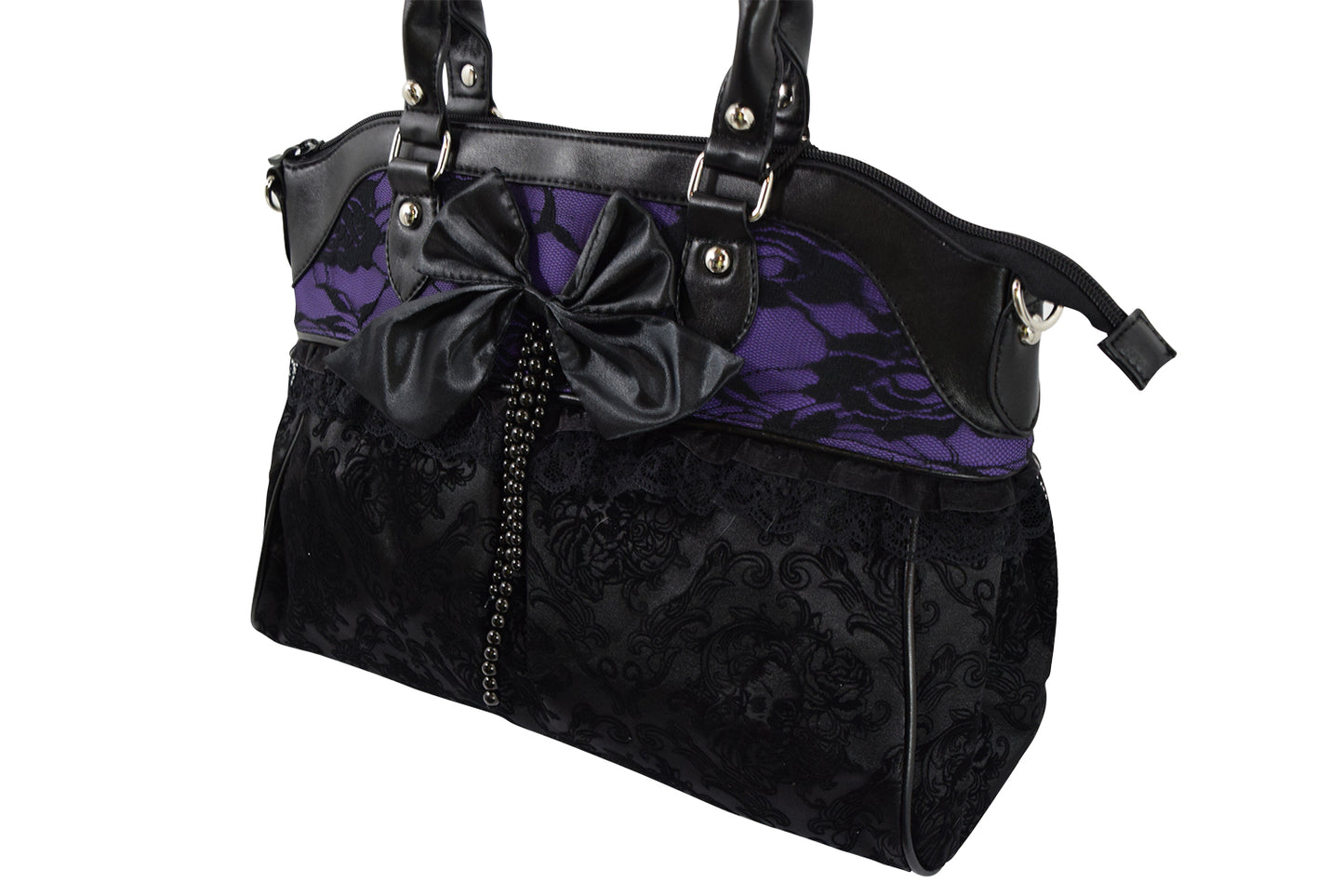 Victorian Gothic Dark Princess Velvet Skull Flocked with Bow Handbag, Black, Medium