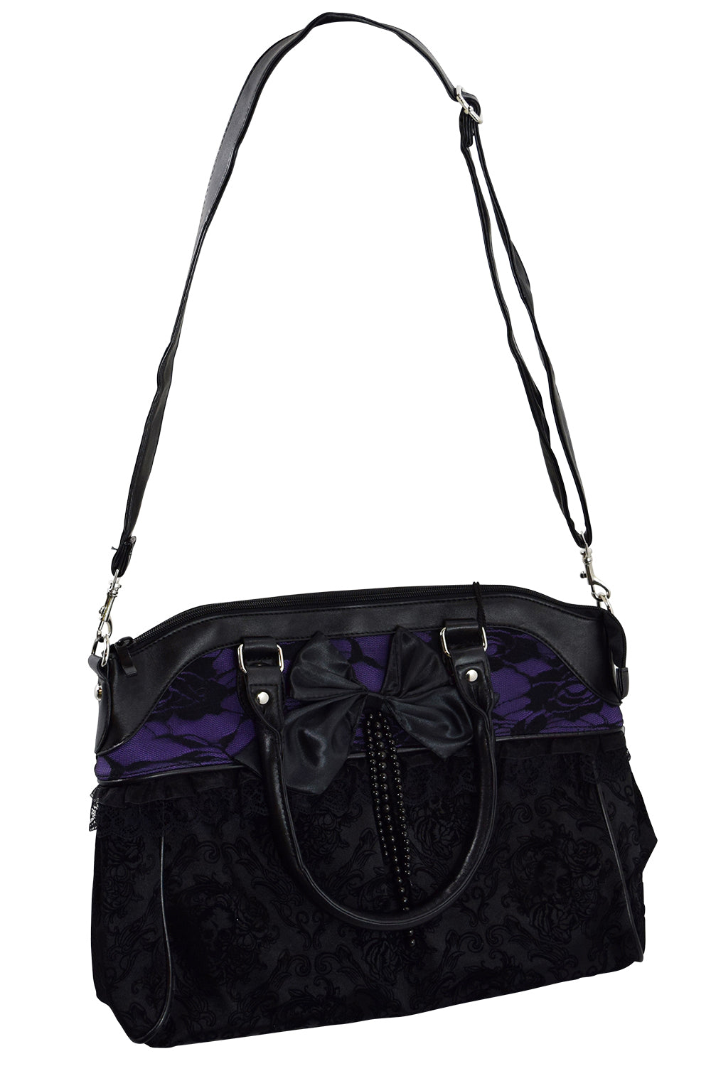 Victorian Gothic Dark Princess Velvet Skull Flocked with Bow Handbag, Black, Medium
