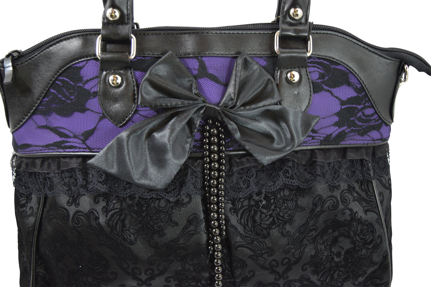 Victorian Gothic Dark Princess Velvet Skull Flocked with Bow Handbag, Black, Medium