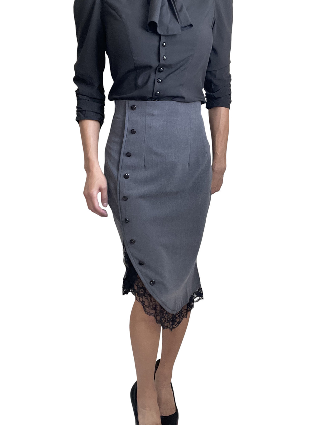 Women's 50s Vintage High waisted Lace Trim Gray Pencil Skirt - Skelapparel