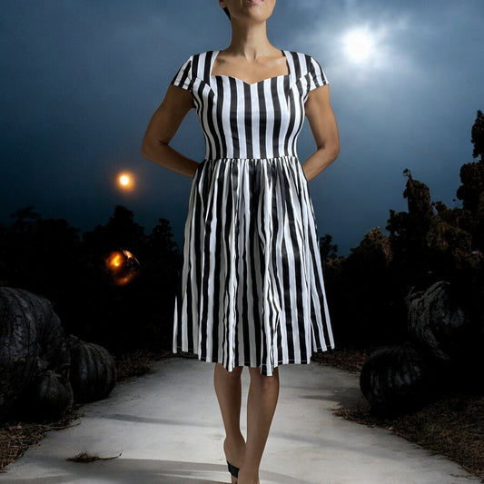 Lost Queen Beetlejuice Black and White Striped Night Circus Dress