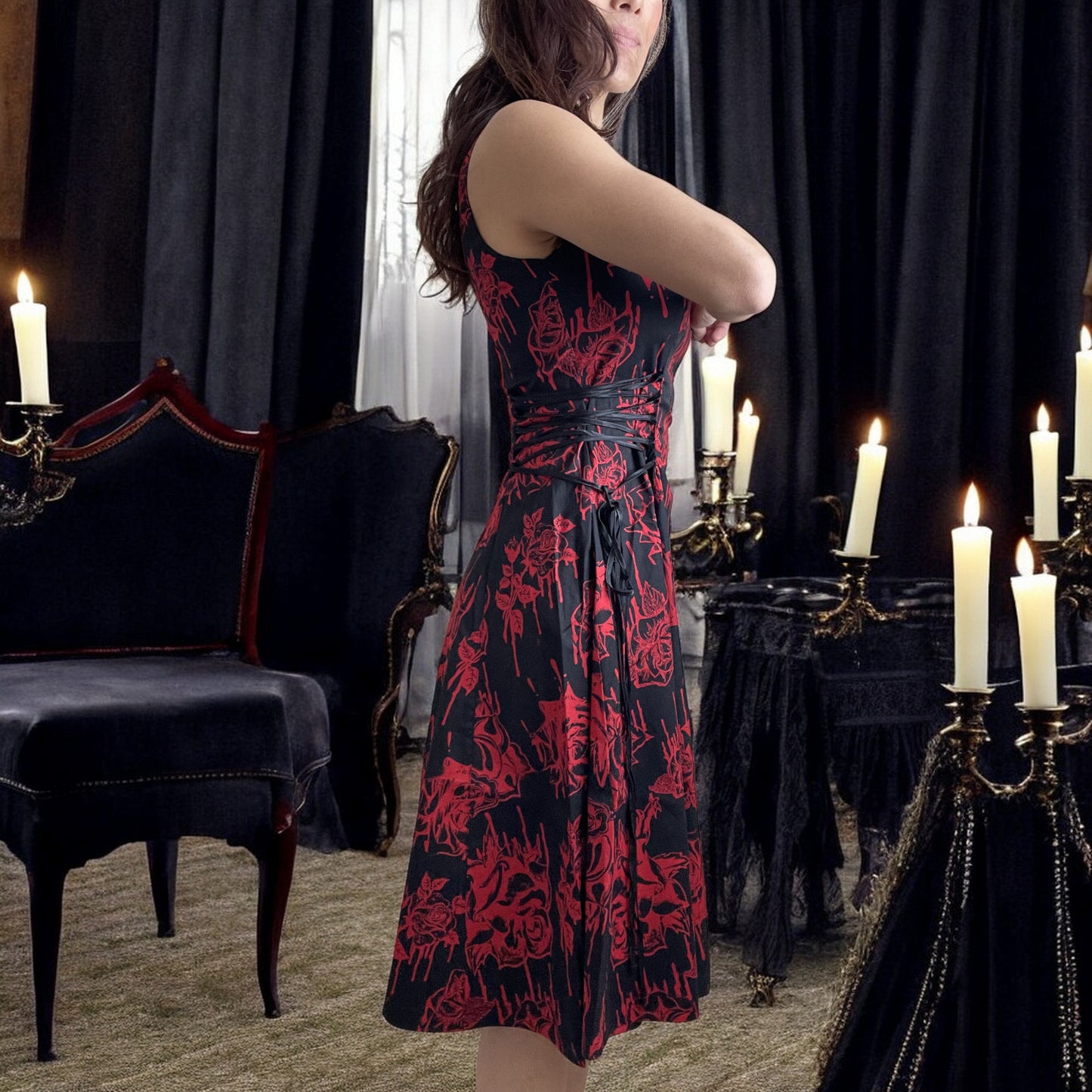 Hell Bunny Gothic Bloody Rose Vampire Endless Night Side Corset Tie Dress