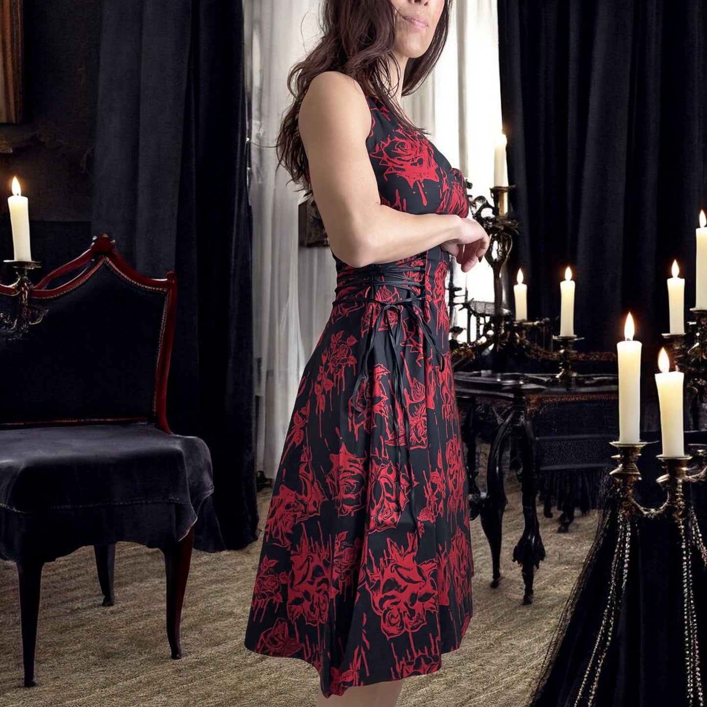 Hell Bunny Gothic Bloody Rose Vampire Endless Night Side Corset Tie Dress