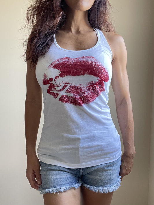 Rock Love Kiss Me Red Lips and Skull White Racerback Tank Top - Skelapparel