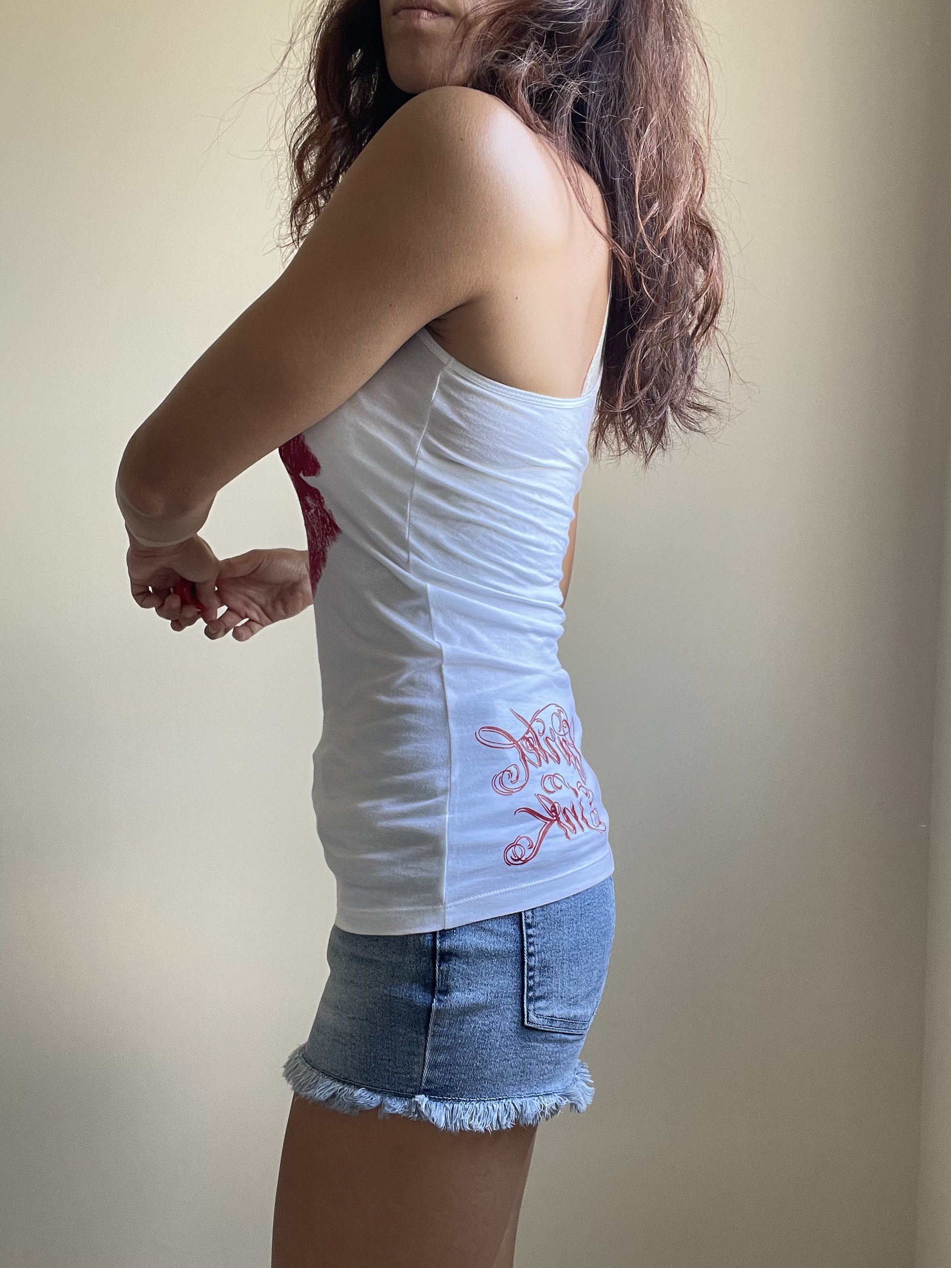 Rock Love Kiss Me Red Lips and Skull White Racerback Tank Top - Skelapparel