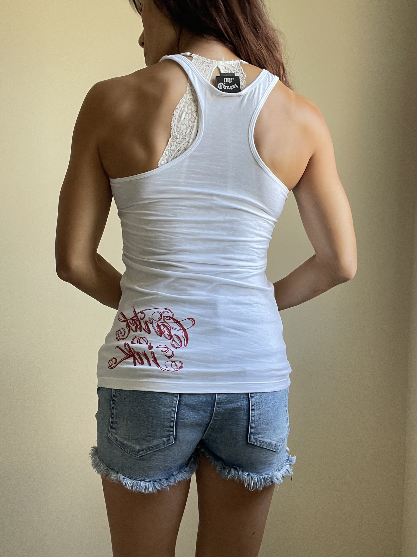 Rock Love Kiss Me Red Lips and Skull White Racerback Tank Top - Skelapparel