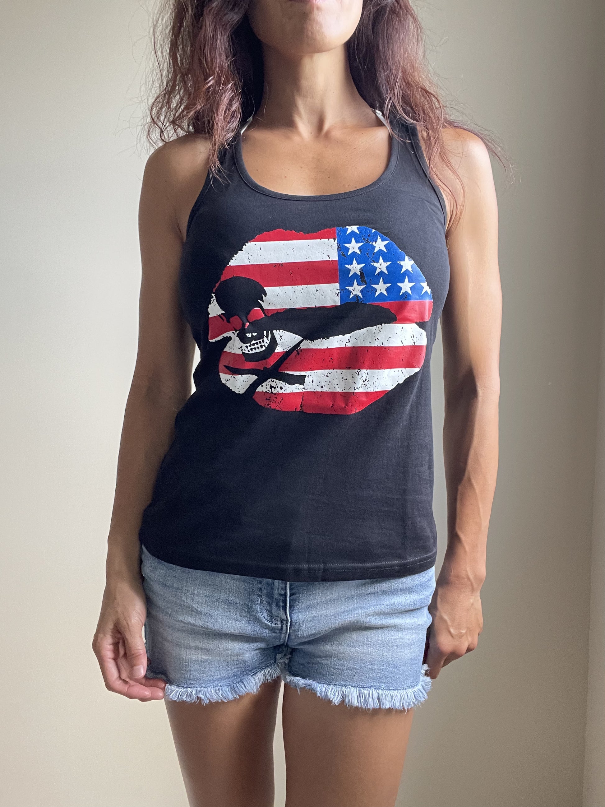USA Flag Kiss Lips and Skull Black Racerback Tank Top - Skelapparel