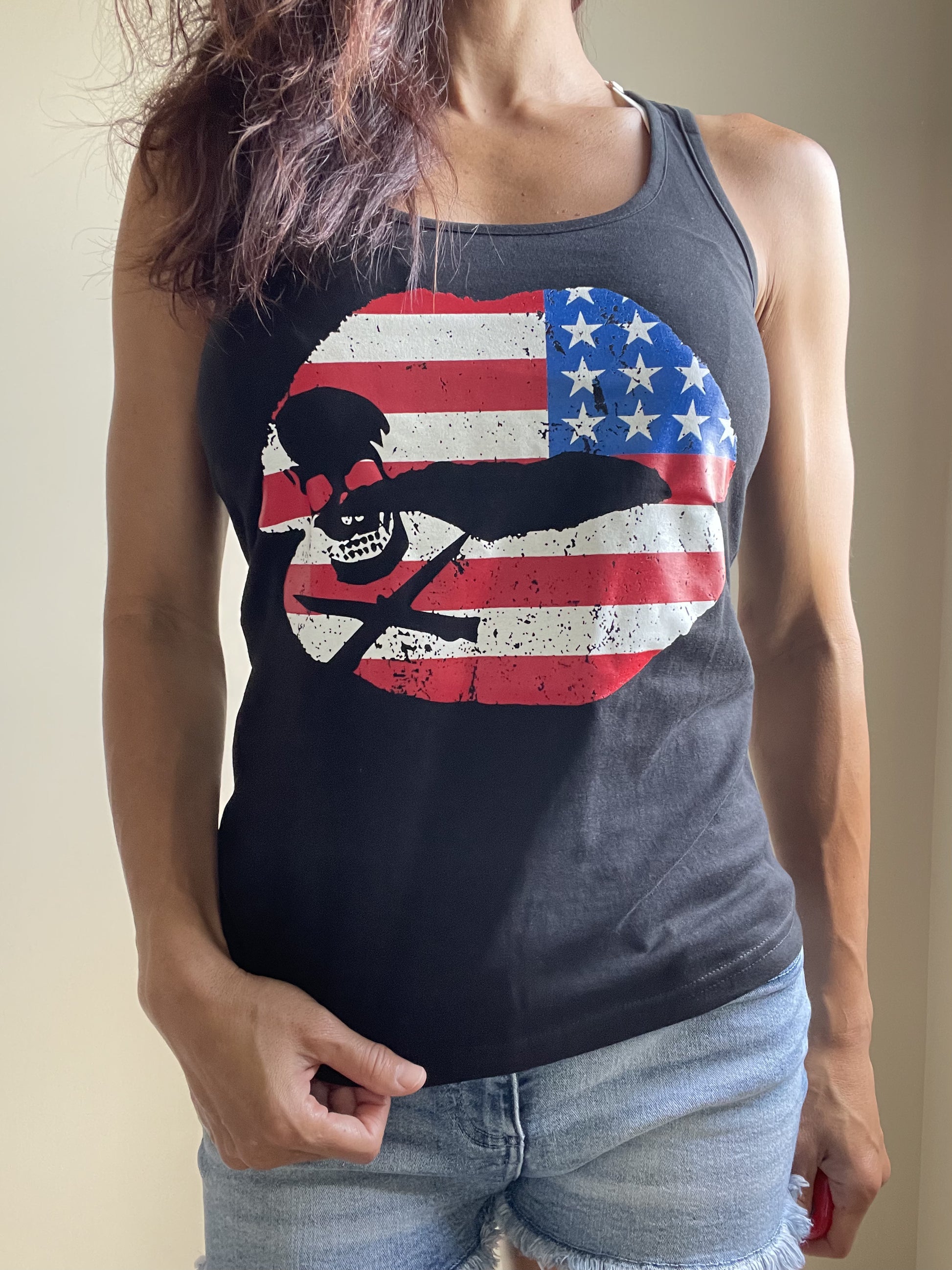 USA Flag Kiss Lips and Skull Black Racerback Tank Top - Skelapparel