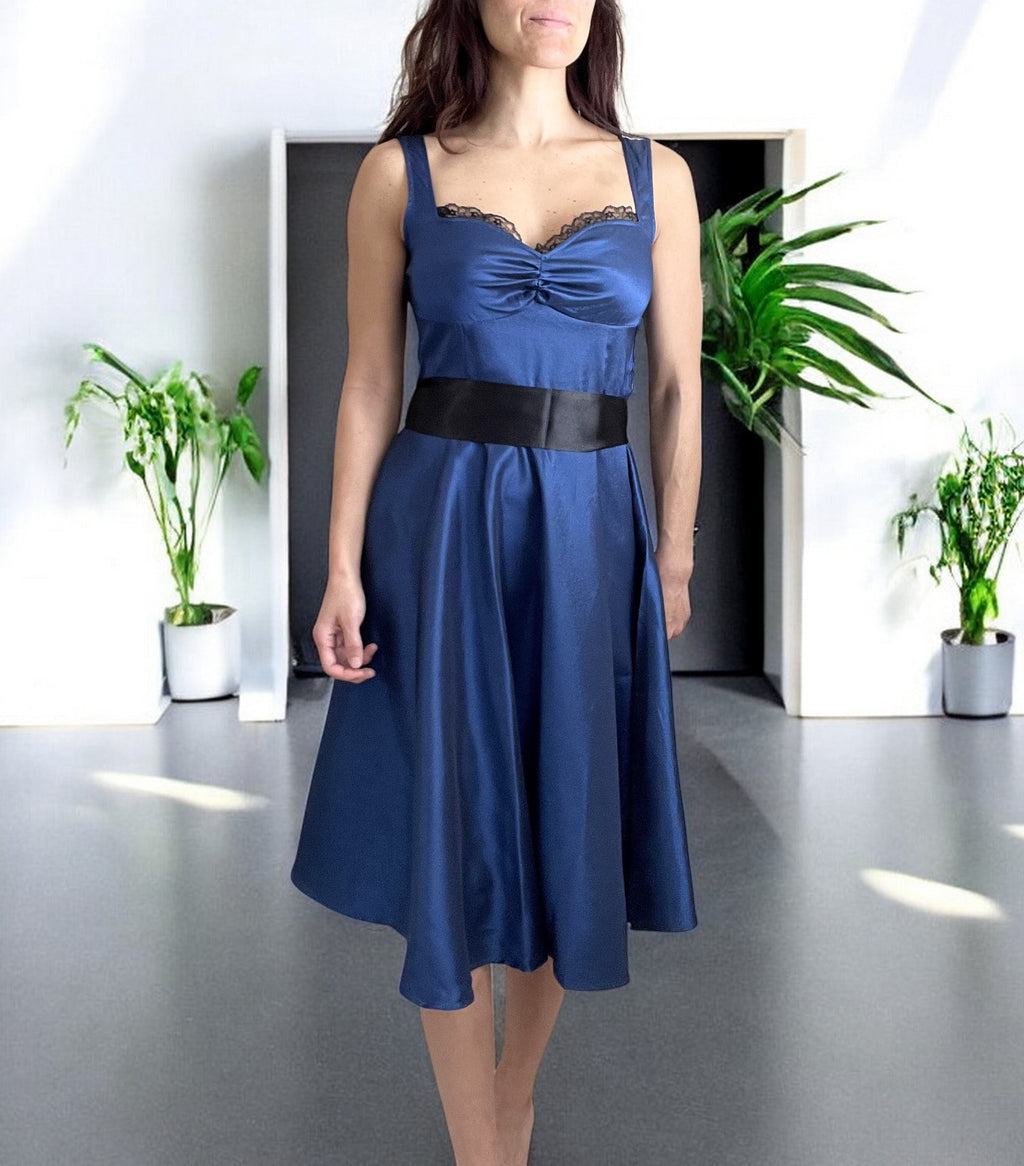 Women's Blue Dress - Blue Satin Tea Length Dress with Black Ribbon Sash, Bridesmaid, Prom, Cocktail Party 8 Women's Blue Dress - Blue Satin Tea Length Dress with Black Ribbon Sash, Bridesmaid, Prom, Cocktail Party 8