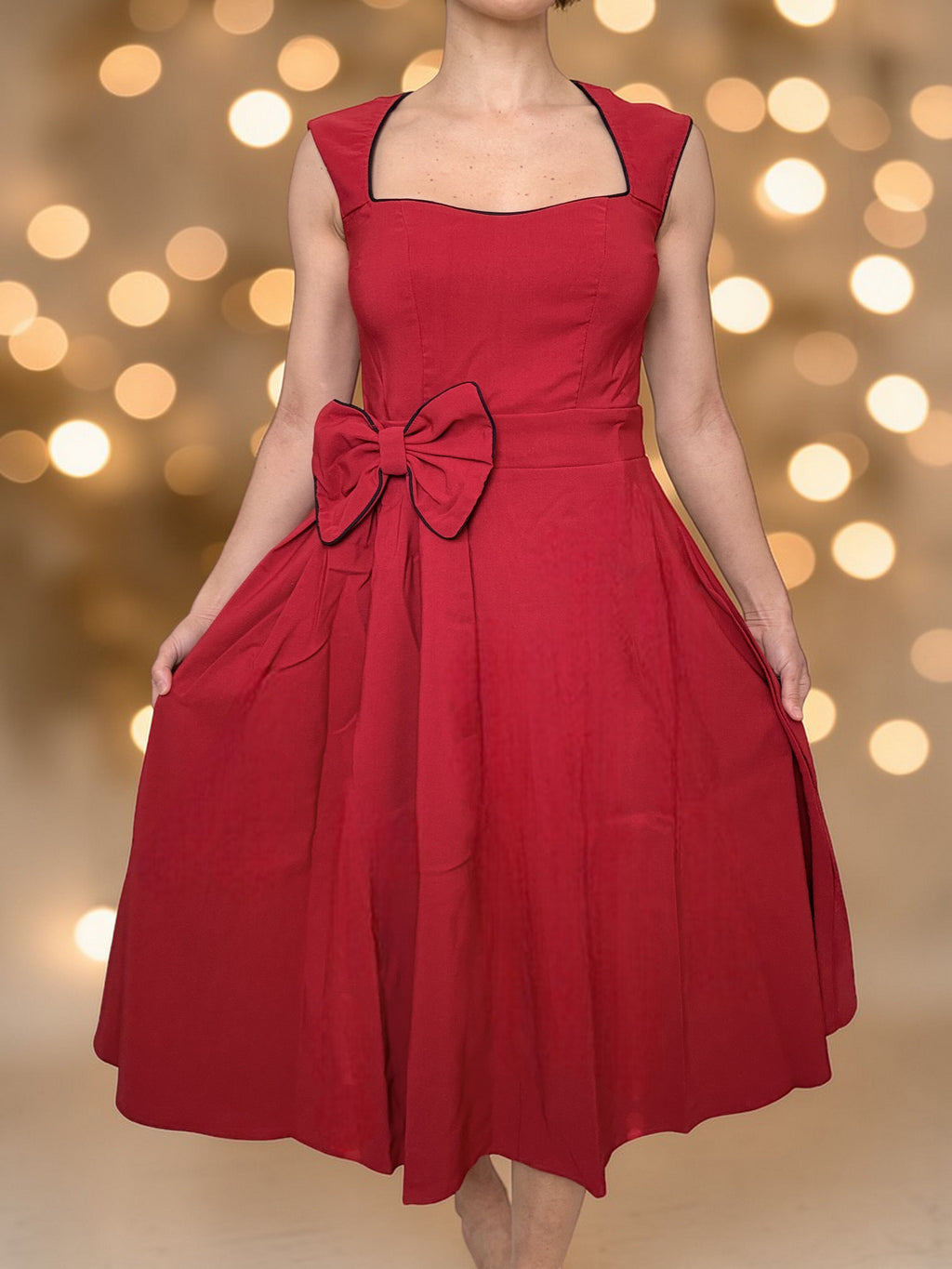 Red Retro Midi Dress Rockabilly Vintage Pinup Party Wedding Guest Bow - Skelapparel