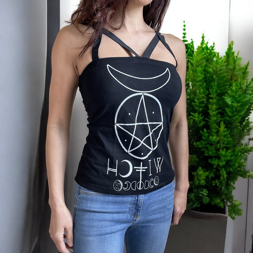 Pentagram and Moons Witch Moon Phases Black Strappy Tank Top - Skelapparel
