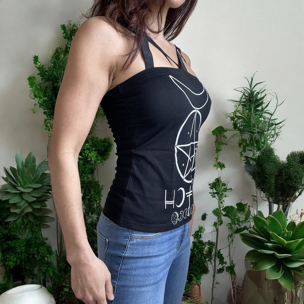 Pentagram and Moons Witch Moon Phases Black Strappy Tank Top - Skelapparel
