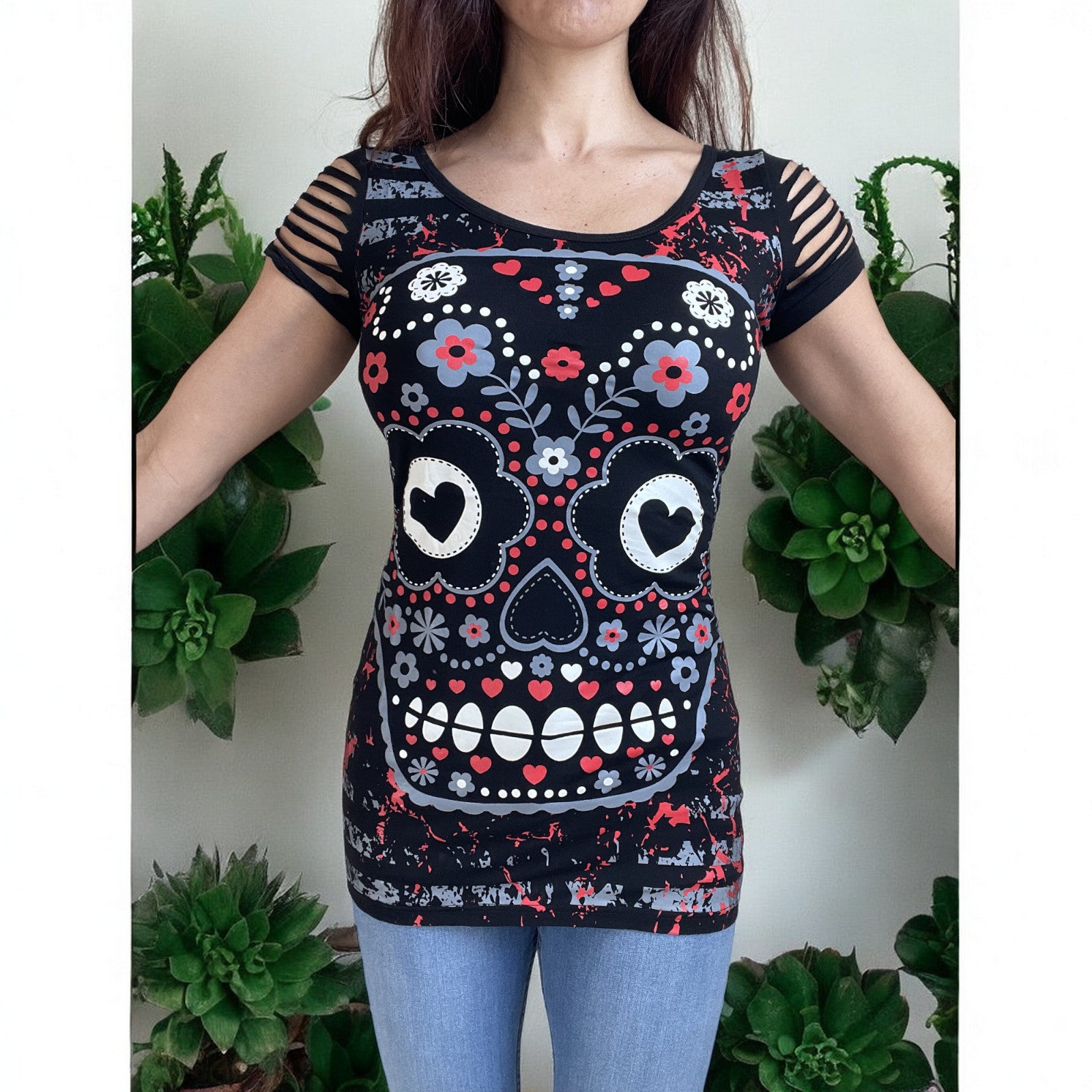 Rockabilly Love Day of the Dead Flower Candy Sugar Skull Cut Out Shoulder Top - Skelapparel
