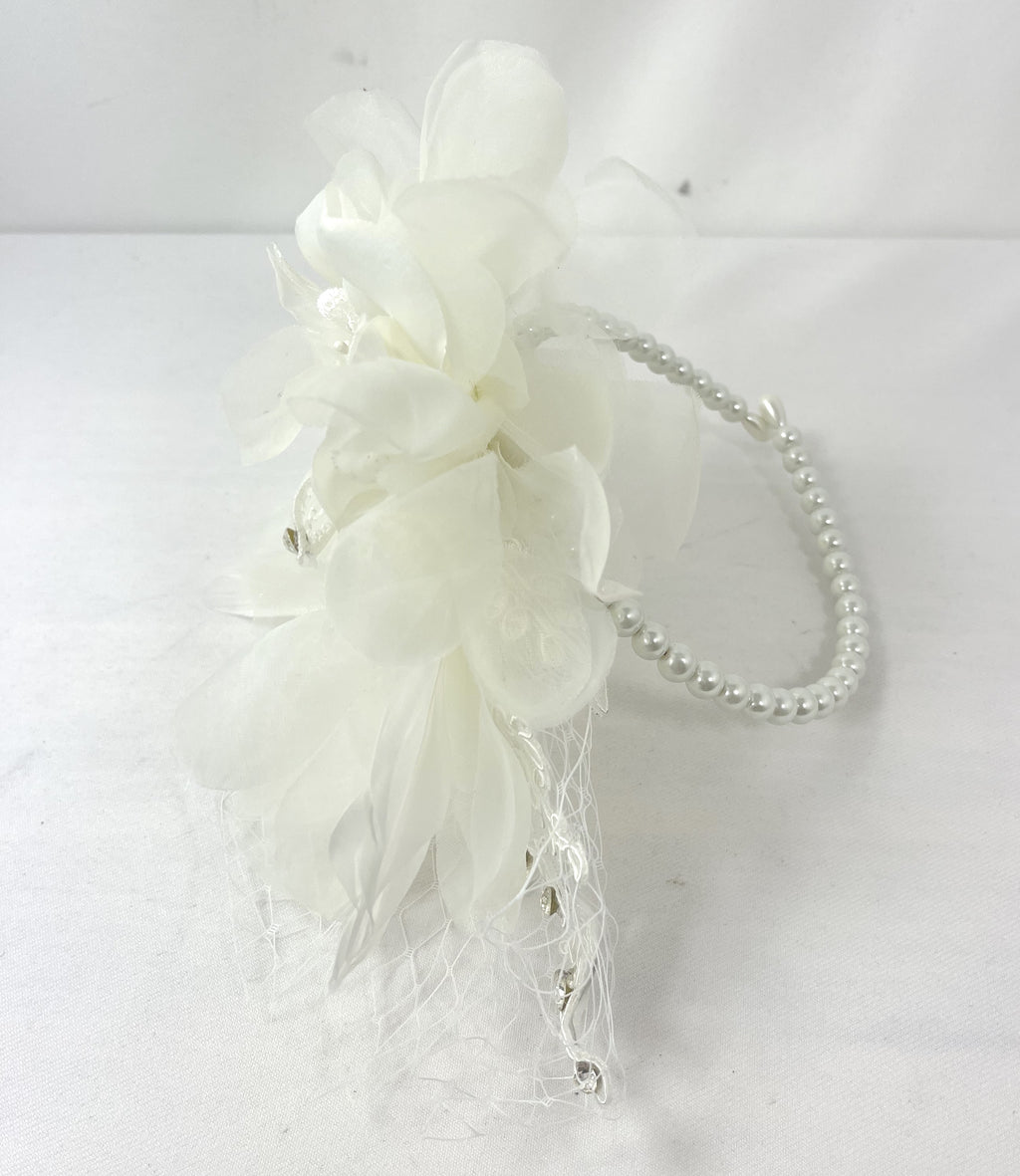 Victorian Vintage Bridal Flower White Feather Lace Net Fascinator with Pearl Headband - Skelapparel
