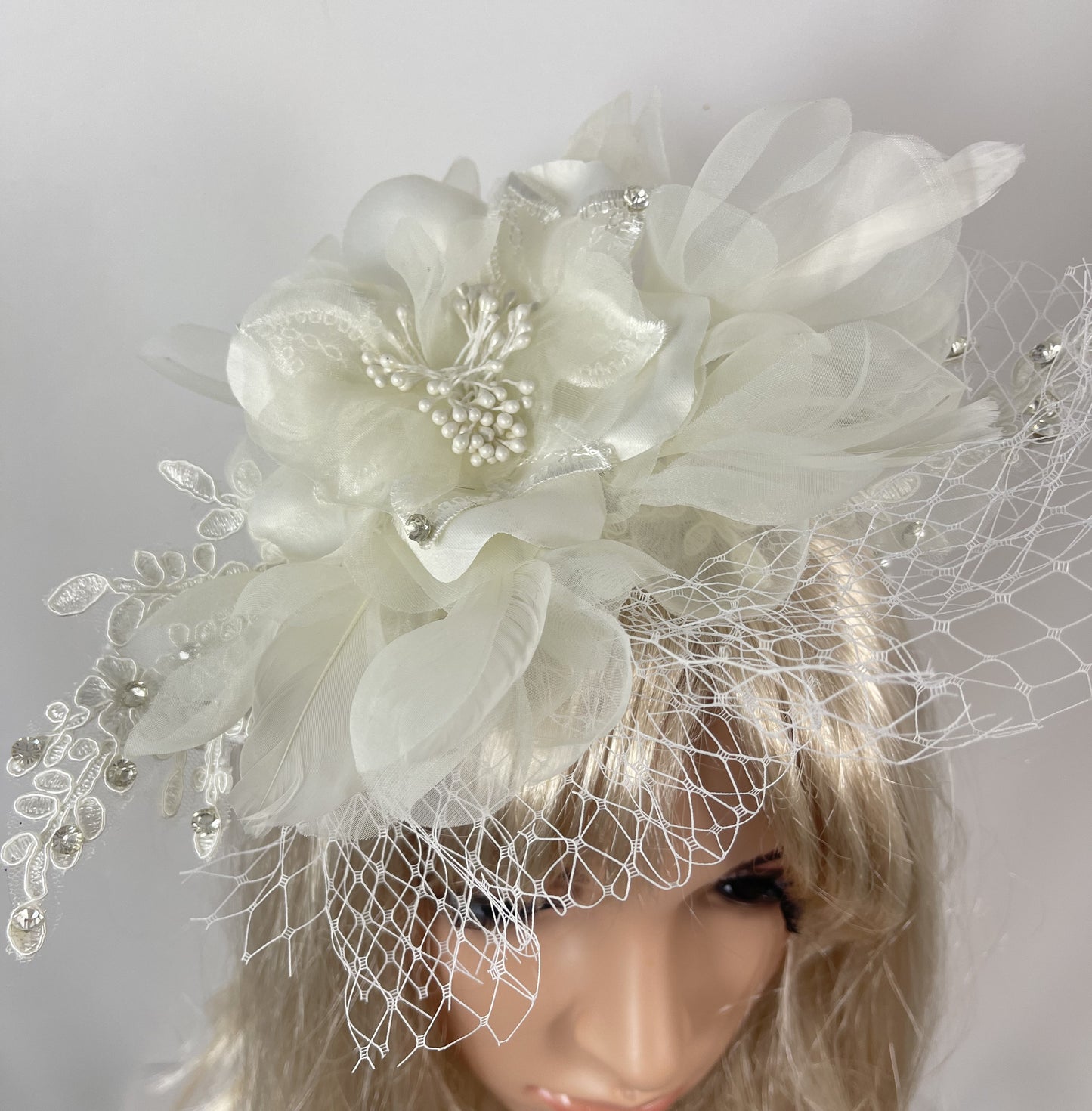 Victorian Vintage Bridal Flower White Feather Lace Net Fascinator with Pearl Headband