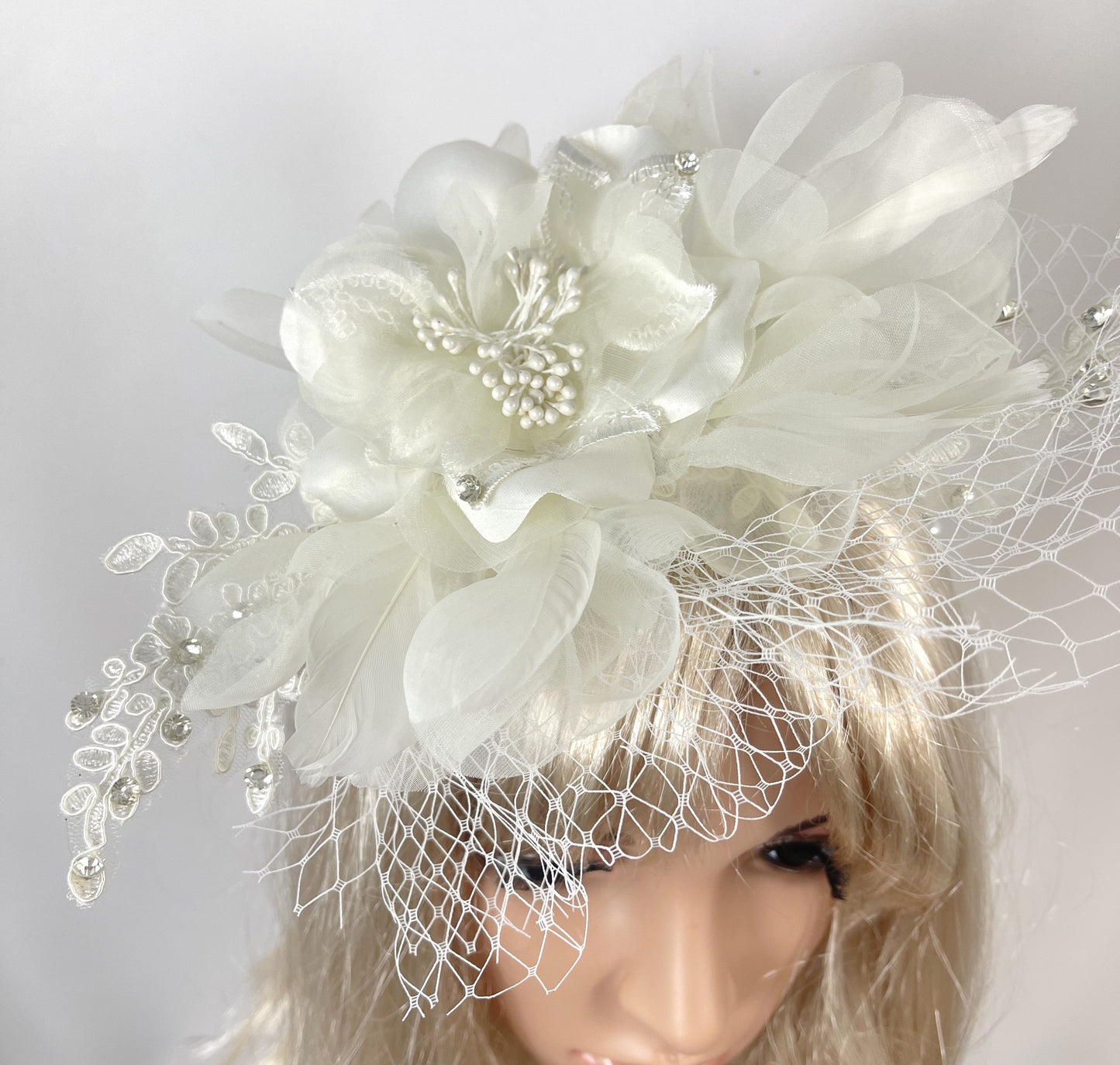 Victorian Vintage Bridal Flower White Feather Lace Net Fascinator with Pearl Headband