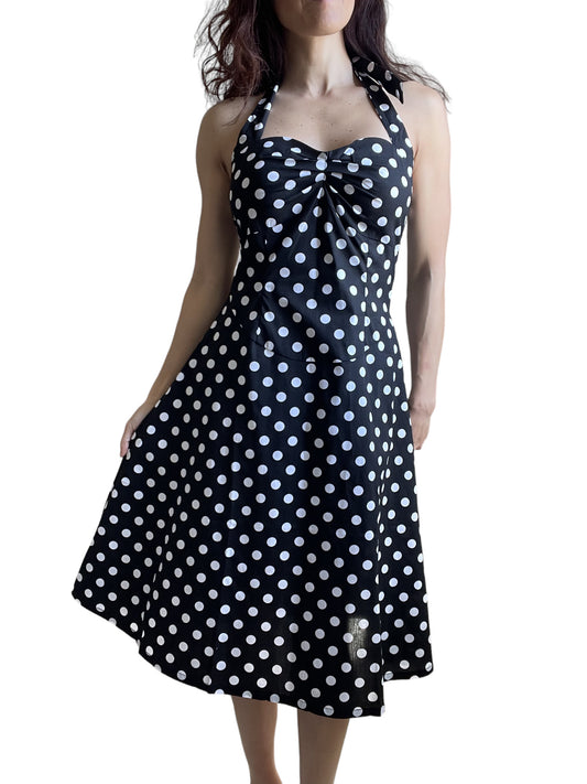 Black Polka Dot Cotton A-Line Halter Midi Summer Beach Dress - Casual Fit and Flare Sundress - Skelapparel