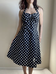 Black Polka Dot Cotton A-Line Halter Midi Summer Beach Dress - Casual Fit and Flare Sundress - Skelapparel