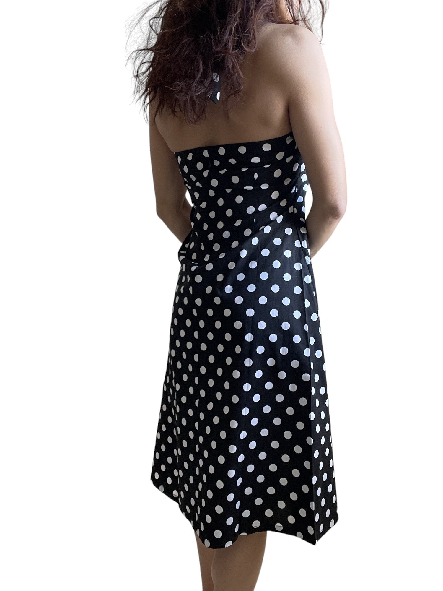 Black Polka Dot Cotton A-Line Halter Midi Summer Beach Dress - Casual Fit and Flare Sundress US10 (EU42) Black Polka Dot Cotton A-Line Halter Midi Summer Beach Dress - Casual Fit and Flare Sundress US10 (EU42)