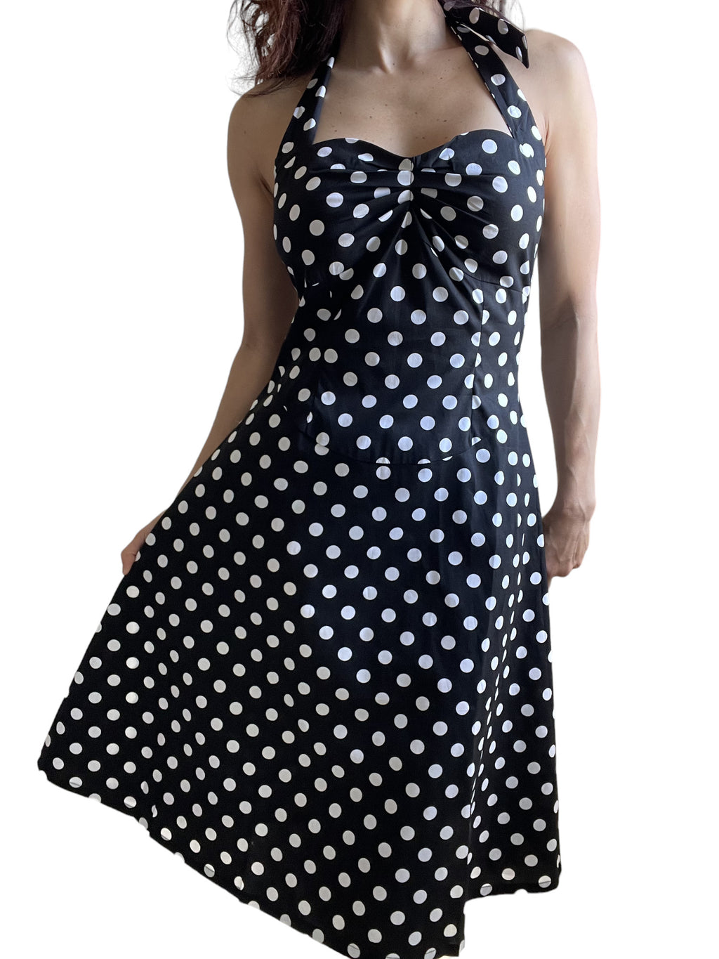 Black Polka Dot Cotton A-Line Halter Midi Summer Beach Dress - Casual Fit and Flare Sundress - Skelapparel