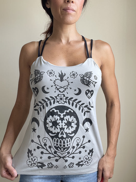 Day Of The Dead Mexican Sugar Skull Tattoo Art Criss Cross Back Top