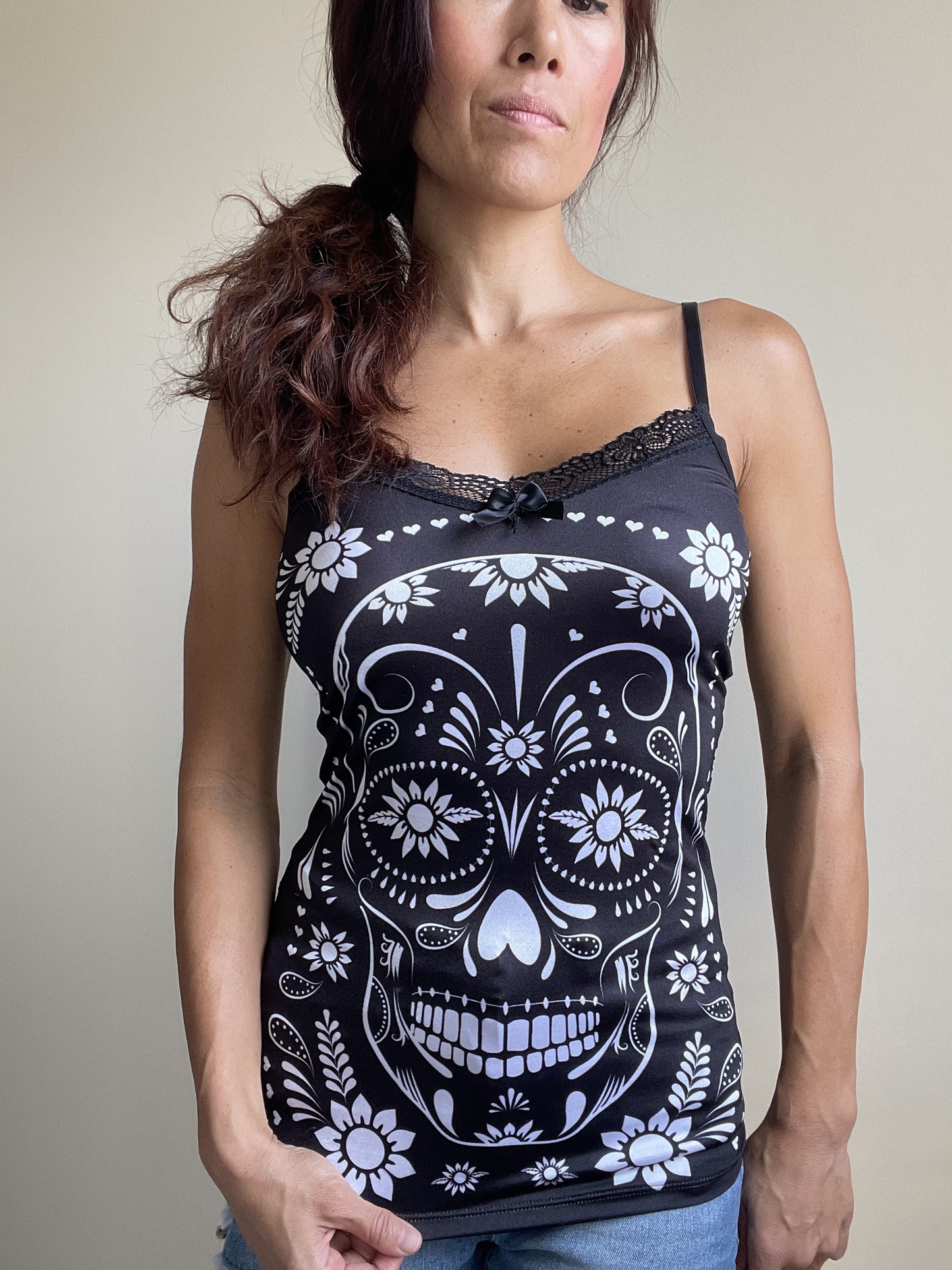White Flower Sugar Skull Sheer Skull Lace Back Stretchy cami Tank Top, extra long
