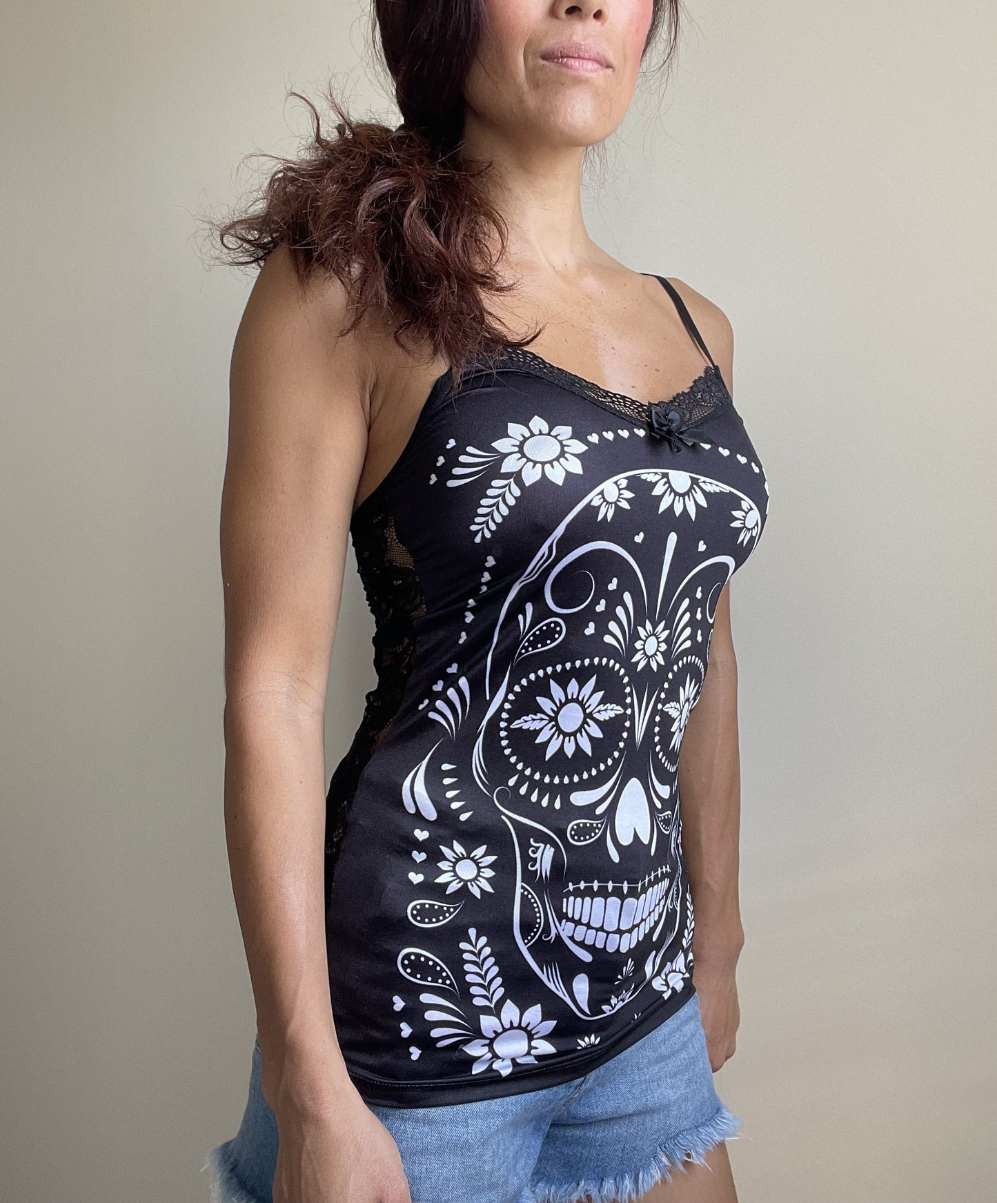 White Flower Sugar Skull Sheer Skull Lace Back Stretchy cami Tank Top, extra long