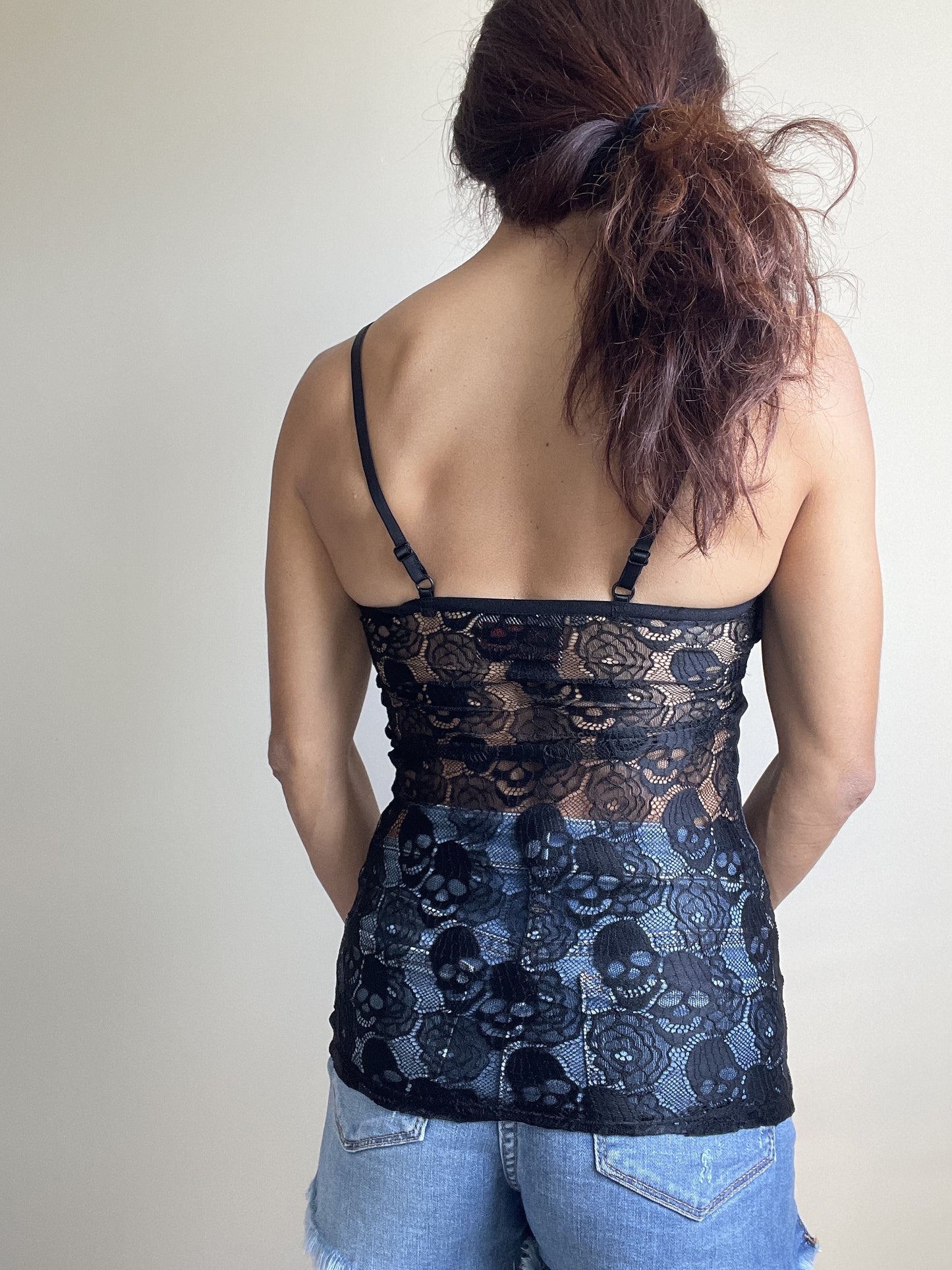 White Flower Sugar Skull Sheer Skull Lace Back Stretchy cami Tank Top, extra long