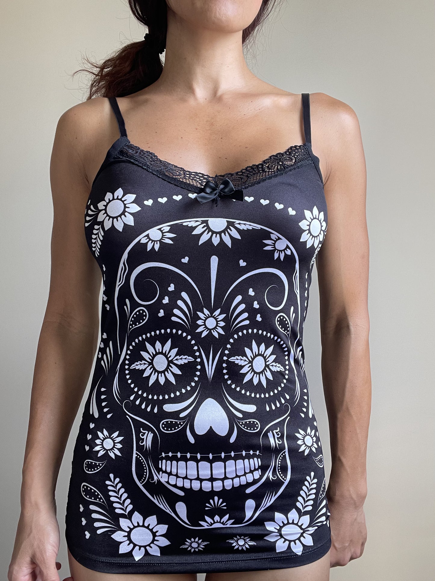 White Flower Sugar Skull Sheer Skull Lace Back Stretchy cami Tank Top, extra long