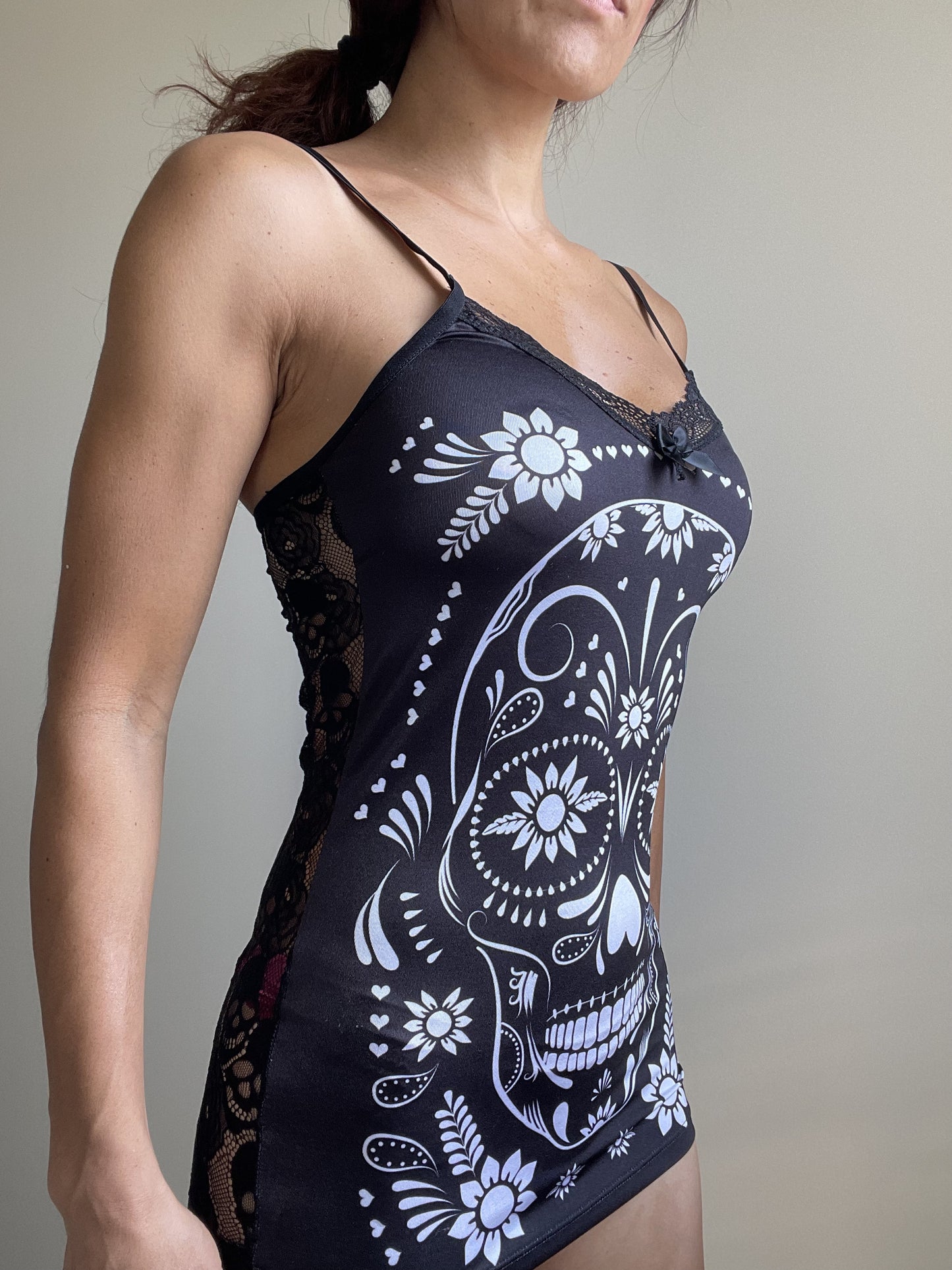 White Flower Sugar Skull Sheer Skull Lace Back Stretchy cami Tank Top, extra long