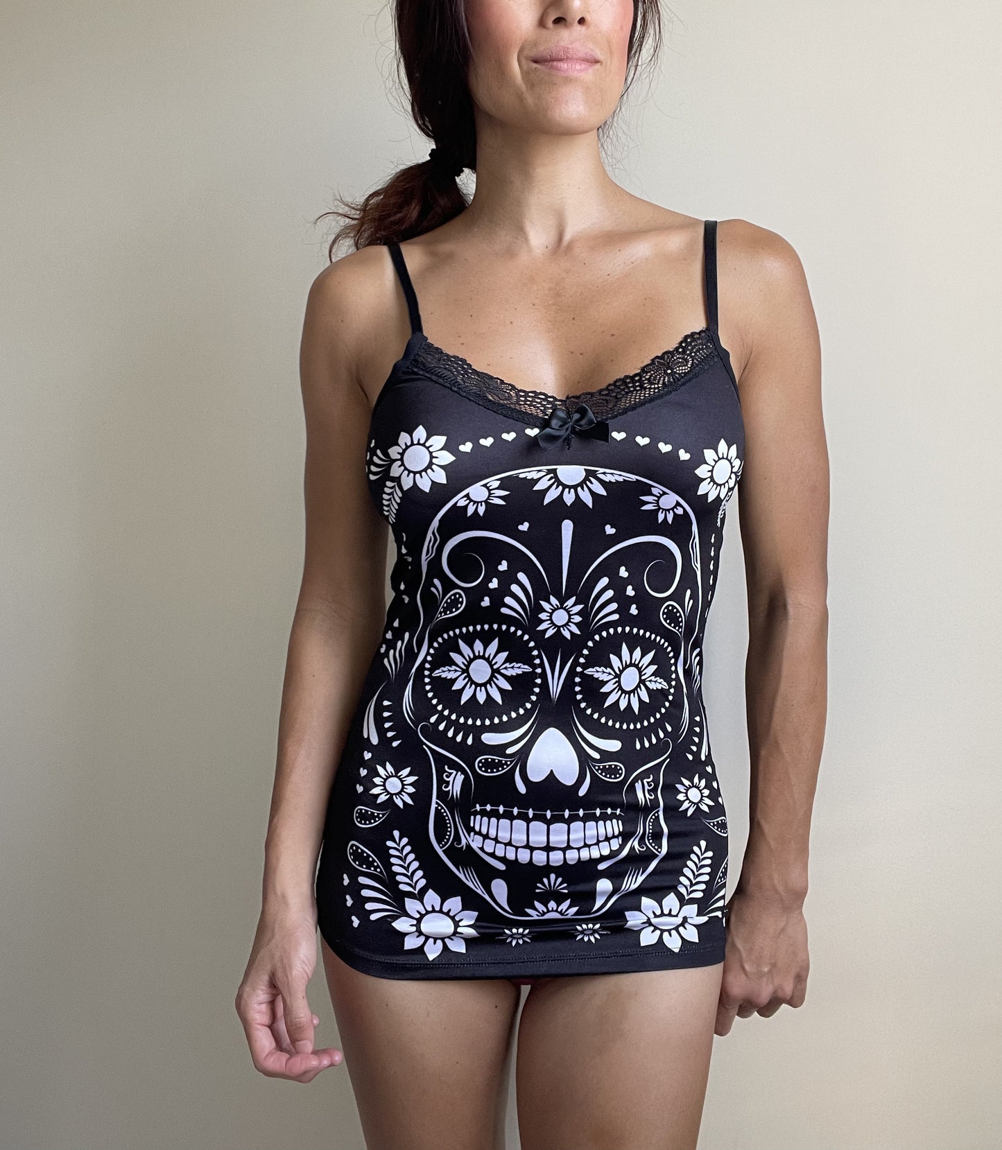 White Flower Sugar Skull Sheer Skull Lace Back Stretchy cami Tank Top, extra long
