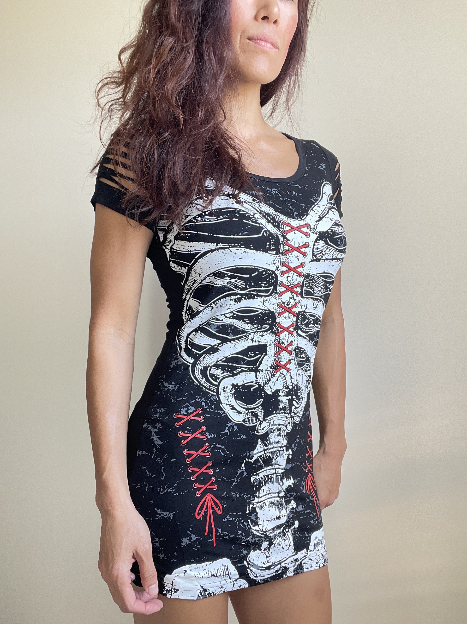 Gothic Skeleton Ribcage Print with Spine cut out Extra Length Top - Skelapparel