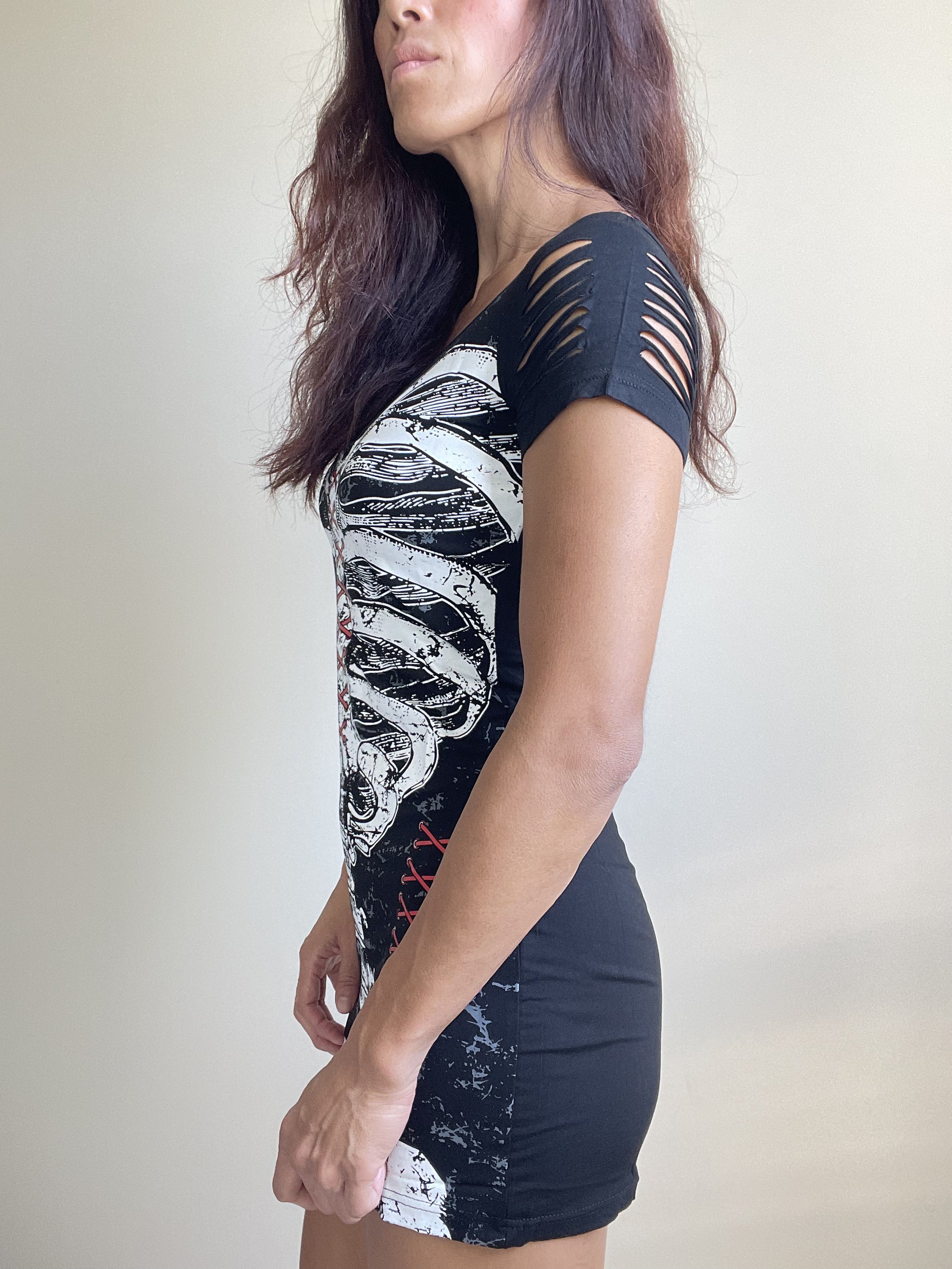 Gothic Skeleton Ribcage Print with Spine cut out Extra Length Top - Skelapparel