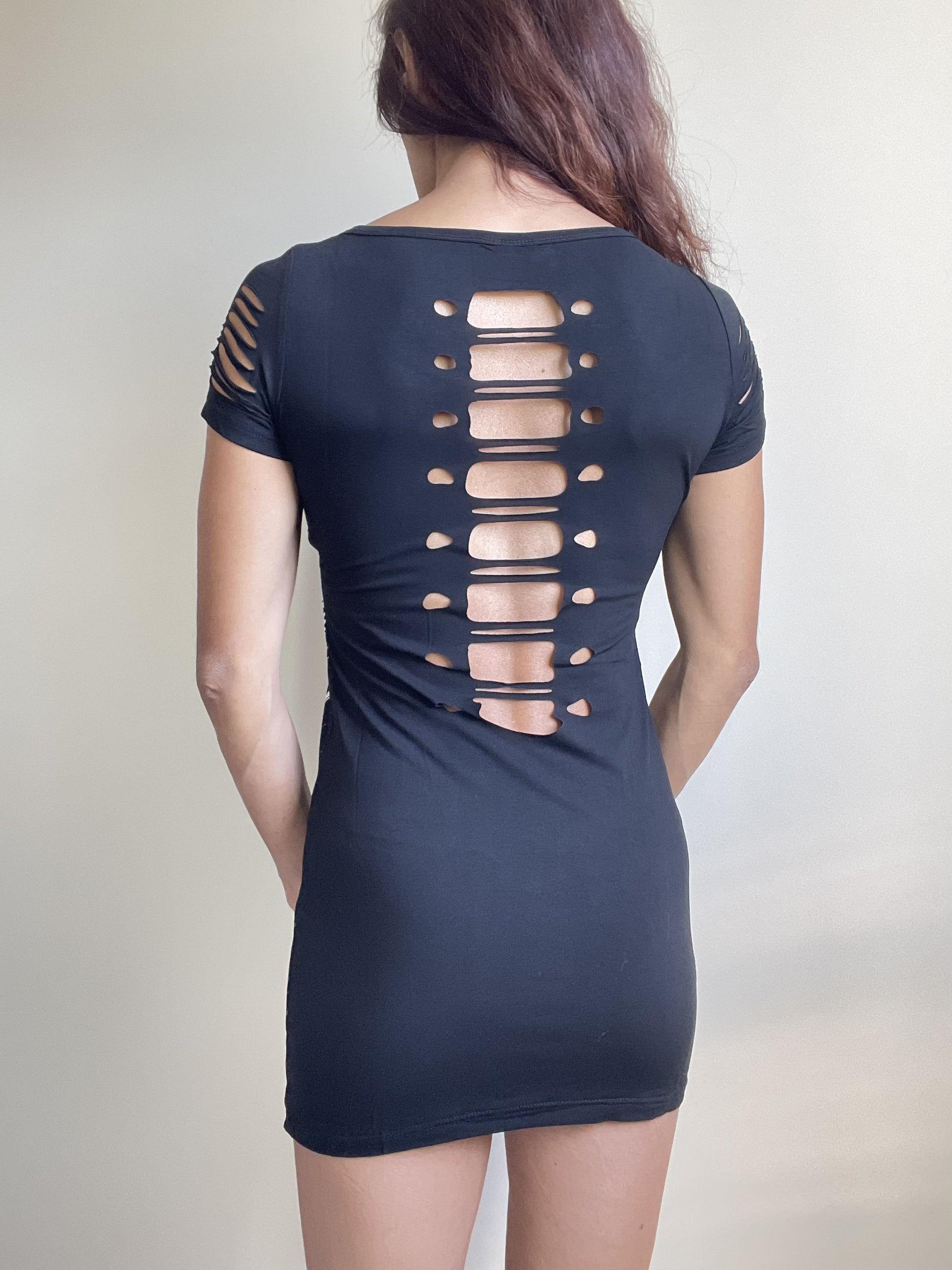 Gothic Skeleton Ribcage Print with Spine cut out Extra Length Top - Skelapparel