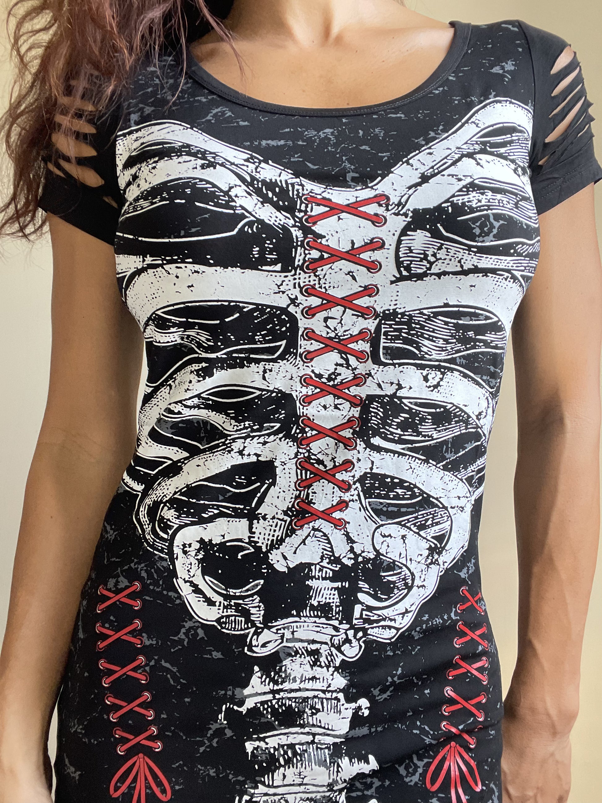 Gothic Skeleton Ribcage Print with Spine cut out Extra Length Top - Skelapparel