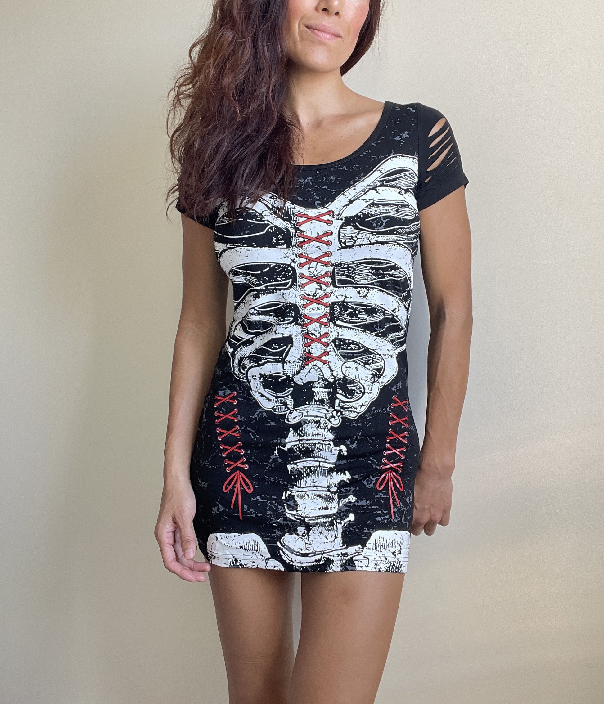 Gothic Skeleton Ribcage Print with Spine cut out Extra Length Top - Skelapparel