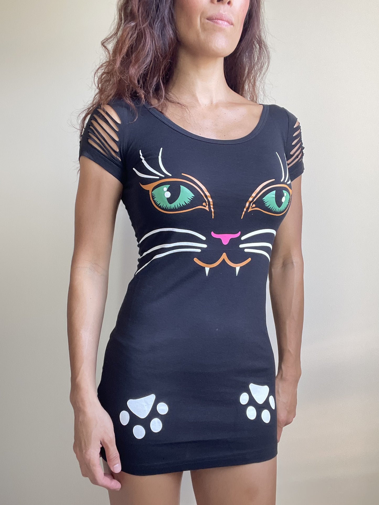 Black Cat Neko Print Shouder Cut Out Extra Length Top