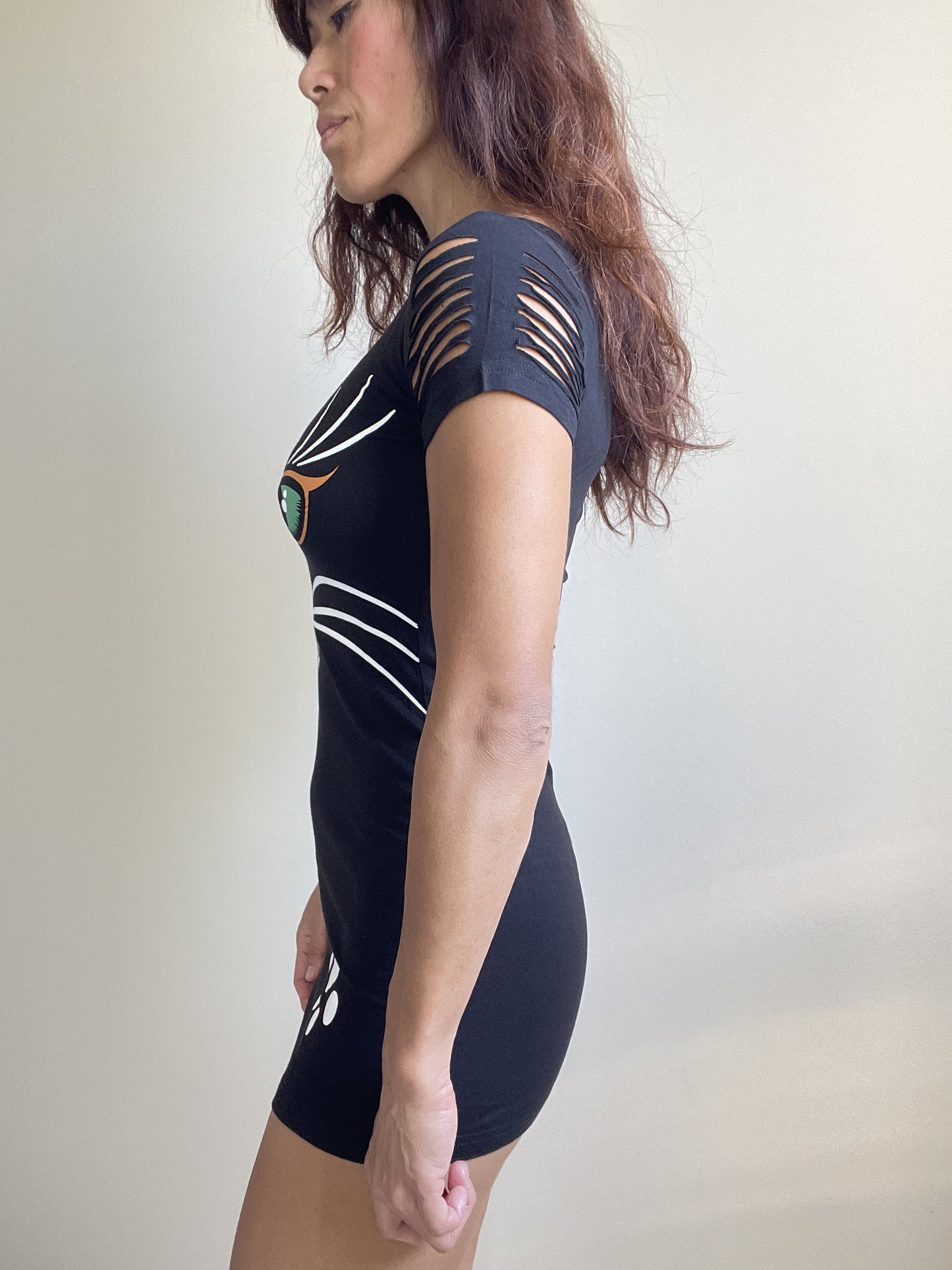 Black Cat Neko Print Shouder Cut Out Extra Length Top
