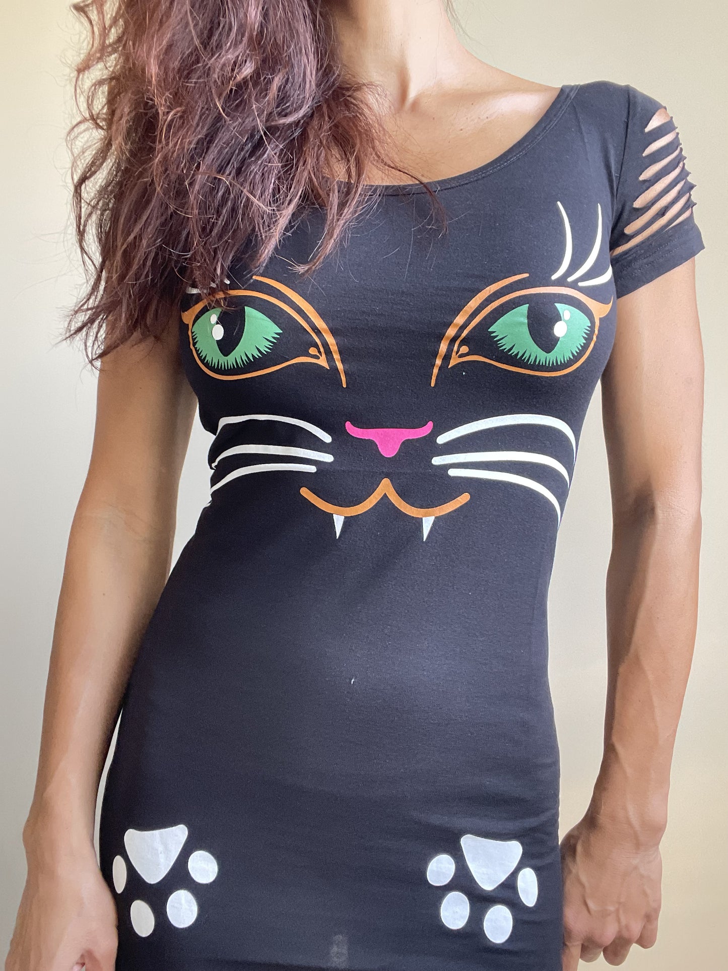 Black Cat Neko Print Shouder Cut Out Extra Length Top